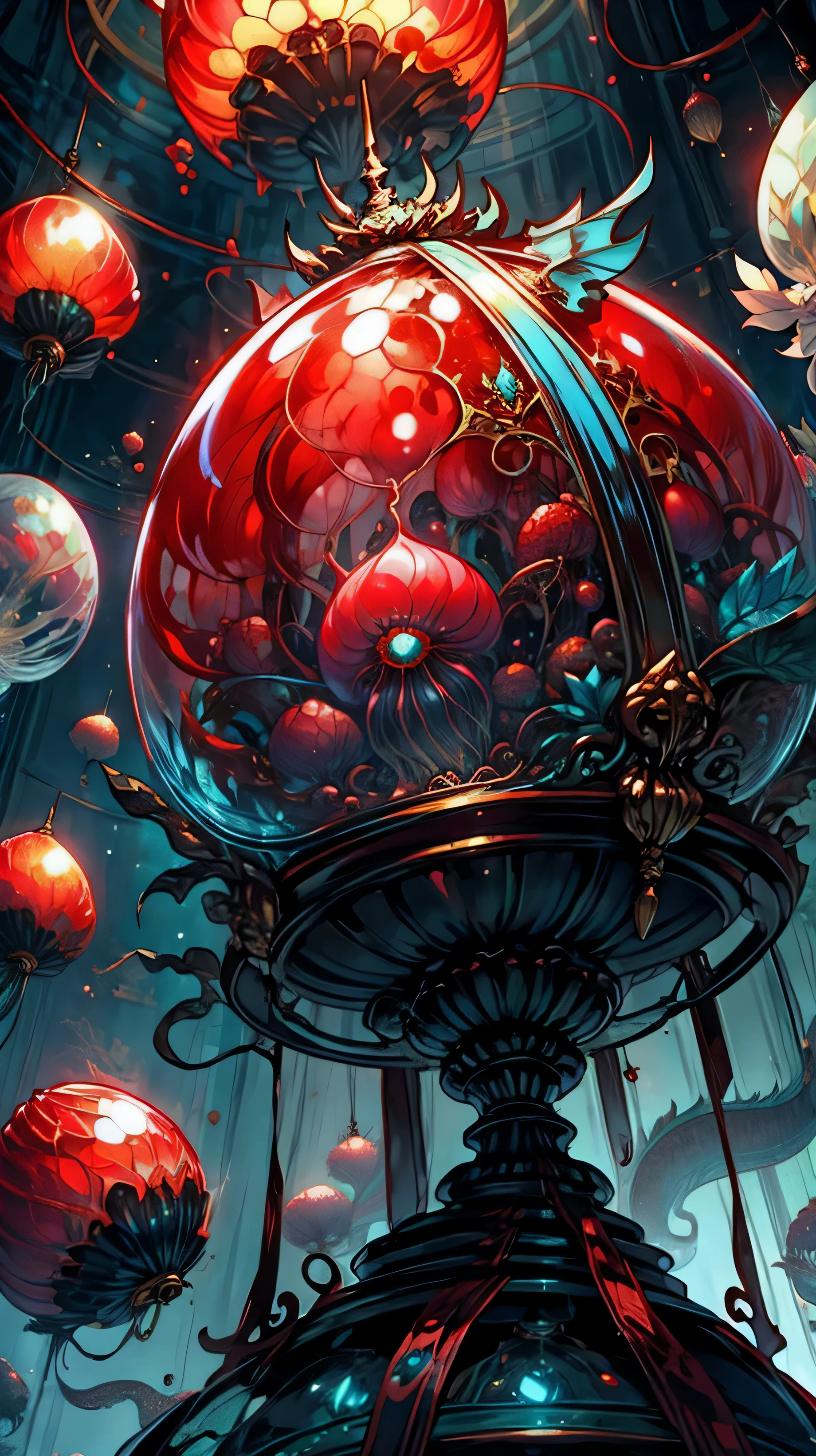Dragon egg jellyfish,Red dragon eggs,There are fiery red jellyfish inside the transparent dragon eggs
