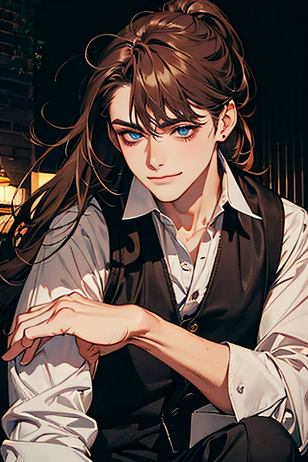 (Masterpiece, A high resolution, ultra detailed), 1 person, Beautiful, High, finely detailed eyes and a detailed face, черные кожаные trousers, белая shirt, night, smile, Dutch corner, ((long hair, Brown hair)), , pale skin, Eyeliner, (masculine), sexual, Very attractive, flirty, ((adult зрелый face)), medium large shoot, (Masterpiece, Best quality, ultra detailed), 1 guy, длинные темные Brown hair, Blue eyes, (((волосы собраны в High хвост))), (((bangs pulled back into a ponytail))), soft kind look, легкая smile, shirt, trousers, suspend