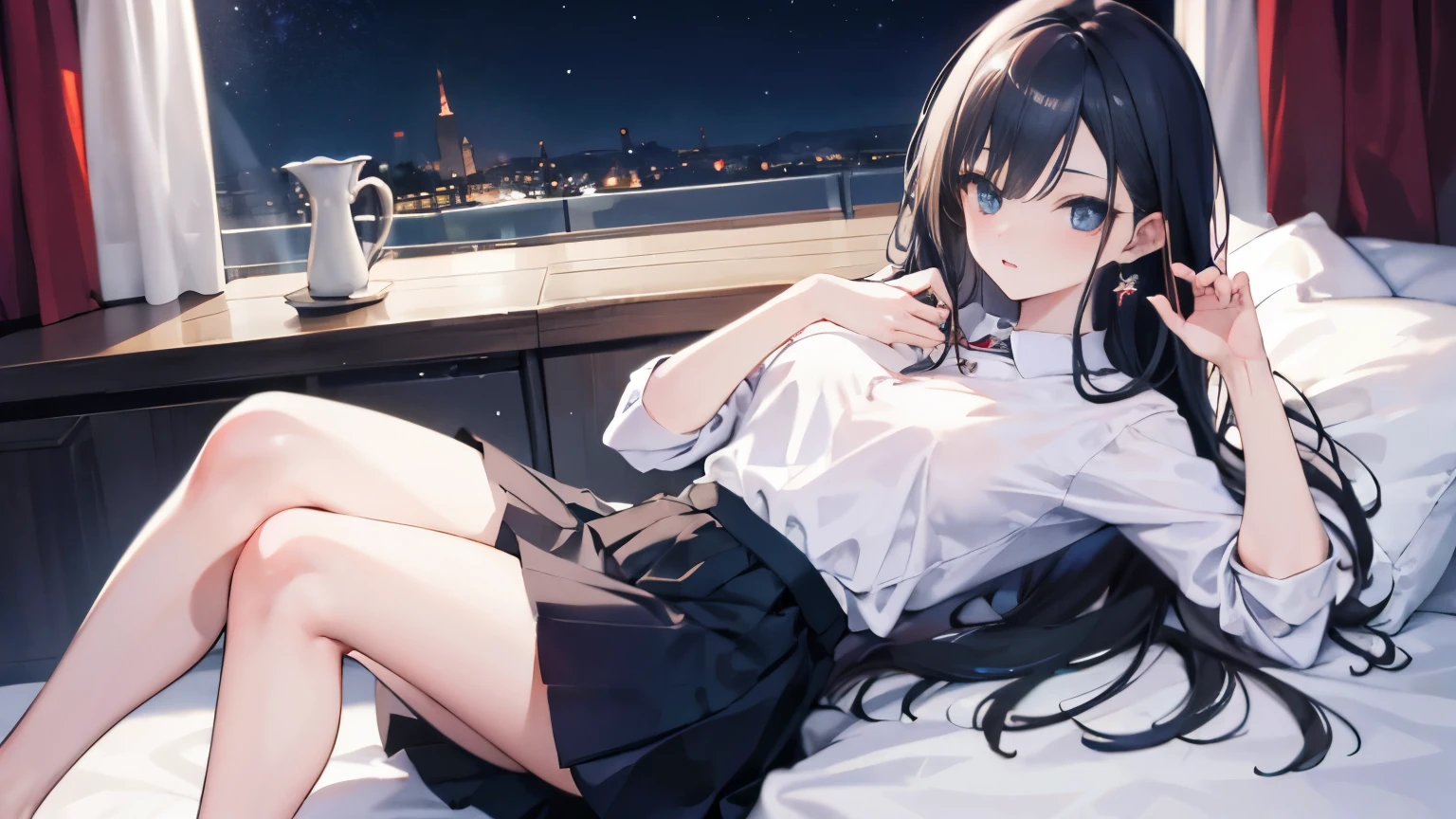 ((best quality)), ((masterpiece)), (detailed), perfect face, 1 woman with long straight hair, shirt , skirt above the knees, lying in bed, dinner, Moonlight