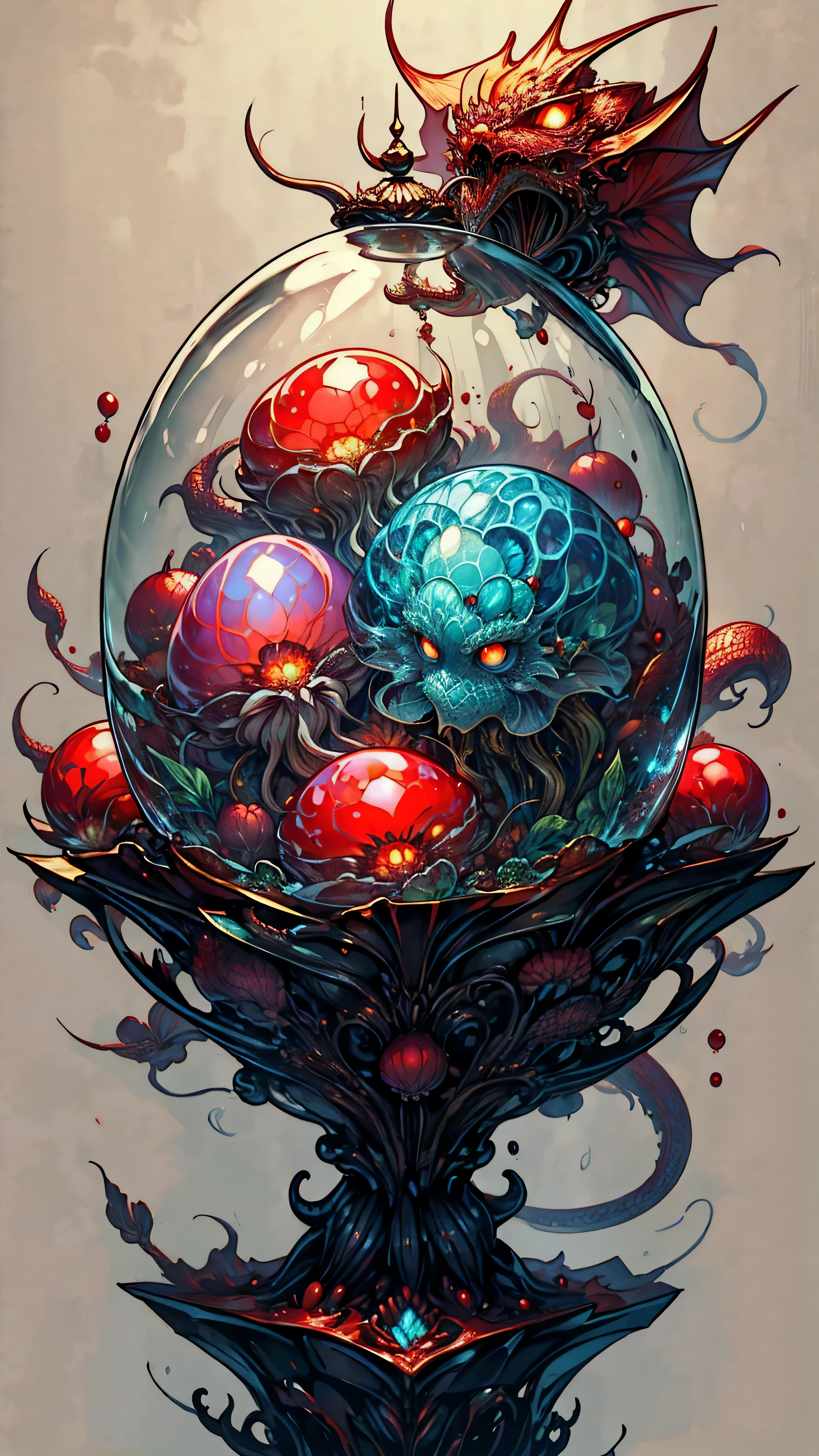 Dragon egg jellyfish,Red dragon eggs,There are fiery red jellyfish inside the transparent dragon eggs
