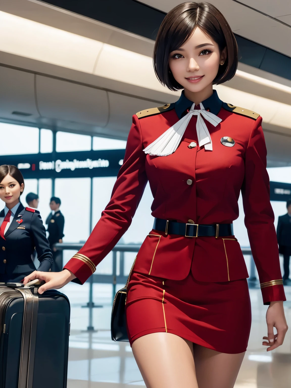 beautiful girl, perfect body, subtle smile, bobcut hairdress, (skintight fashionable attire: flight attendant, red uniform, skirt, wing brooch), walking in an airport