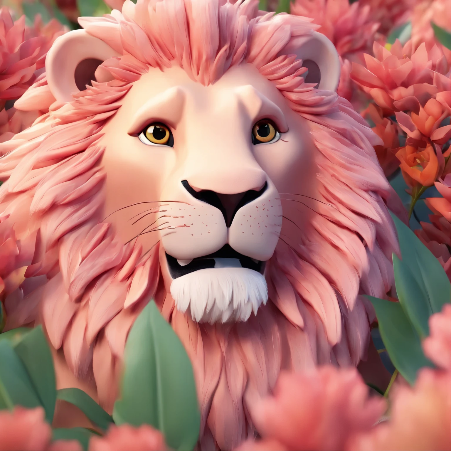 Strong 3d lion Pixar and Disney style ,com olhos firmes , voluminous mane and flowers in shades of pink around the head