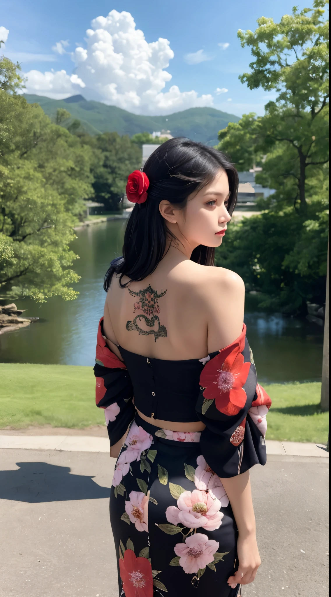 masterpiece, highest quality, highest quality, official art, beautiful and aesthetic:1.2),1 girl, tattoo, alone, kimono, red and black kimono, hair ornaments, unsheathing, black hair, sheath, back tattoo, dragon tattoo, blue eyes, off shoulder, bare shoulders, think back, from behind, flower, looking at the viewer, holding, compensate, outdoors,
