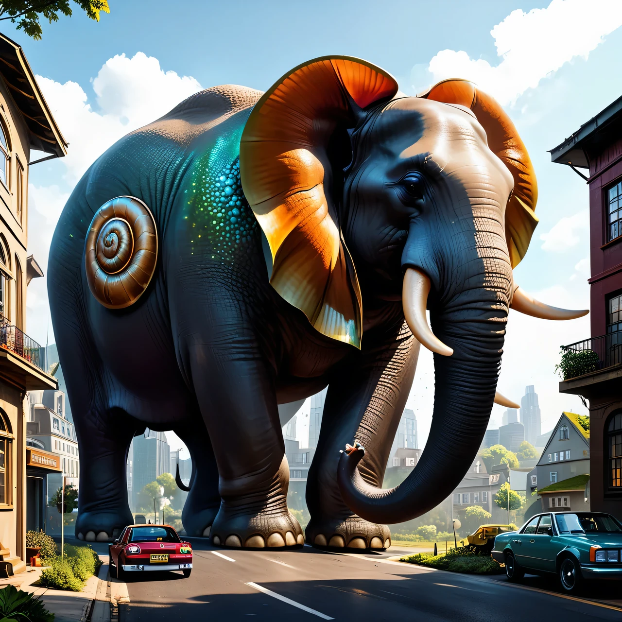 realistic photography, depicting a large giant creature, elephant-like, with a large snail shell on its back., the creature has a large head with a transparent body and large compound eyes, eyes cast different reflections, the creature glistens with mucus covering it, the slime drips onto the ground and leaves a shiny, slimy trail behind the creature, the creature towers over houses and cars, full pose, whole body, The giant elephant snail is very large and towers over houses., Giantpunk, High detail, many image details, 8K, Hyperrealistic, difficult, transparent