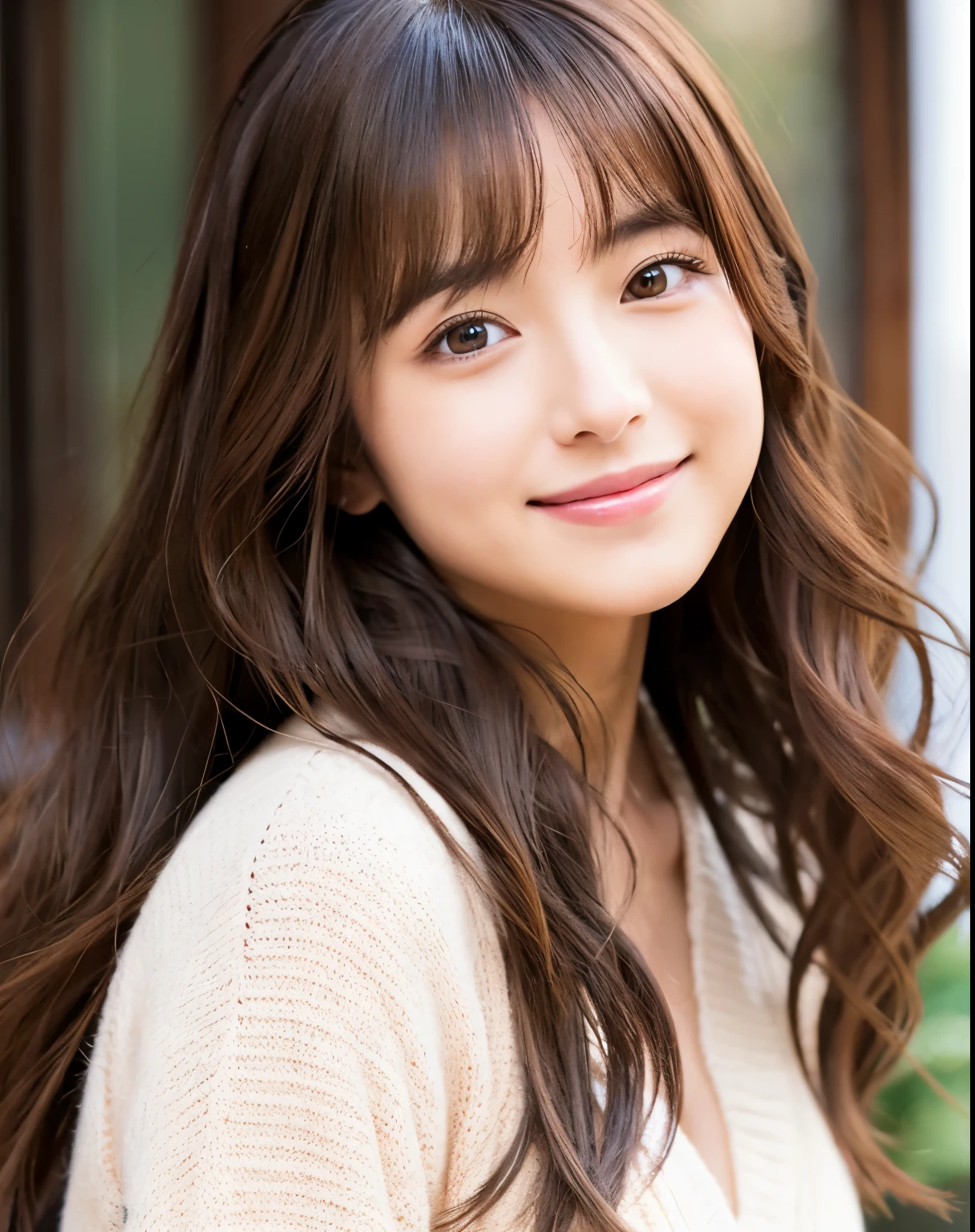 beautiful japanese girl　profile　complex colored brown hair　Long hair with loose and fluffy waves　natural makeup　Depressed eyes　gentle smile　smooth soft skin　detailed beautiful eyes　Attractive lips Sakura Namiki