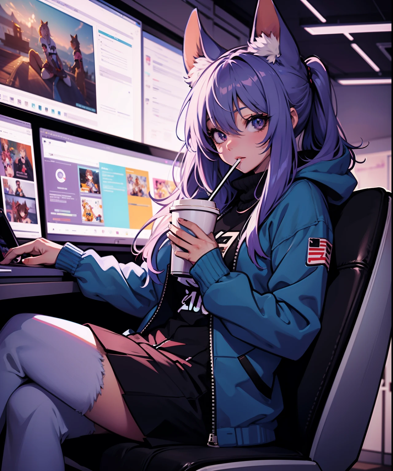 anime girl sitting on a chair with a cup of coffee, pov furry art, gamer aesthetic, commission for high res, furry artist, lofi artstyle, lofi portrait, furry art!!!, digital art on pixiv, fursona furry art commission, furry art, detailed fanart, oc commission, professional furry drawing, fursona art, nightcore, official fanart