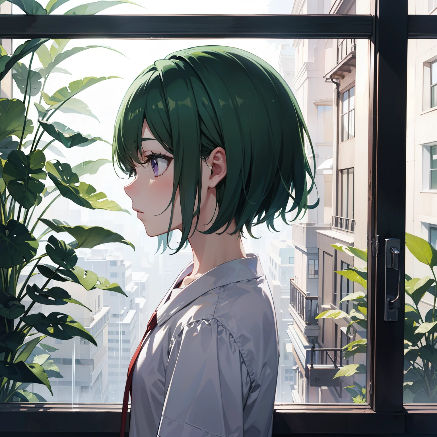 Green shorthair、purple eyes、lonely face、indoors on a rainy day、looking out the window、Close-up、profile、