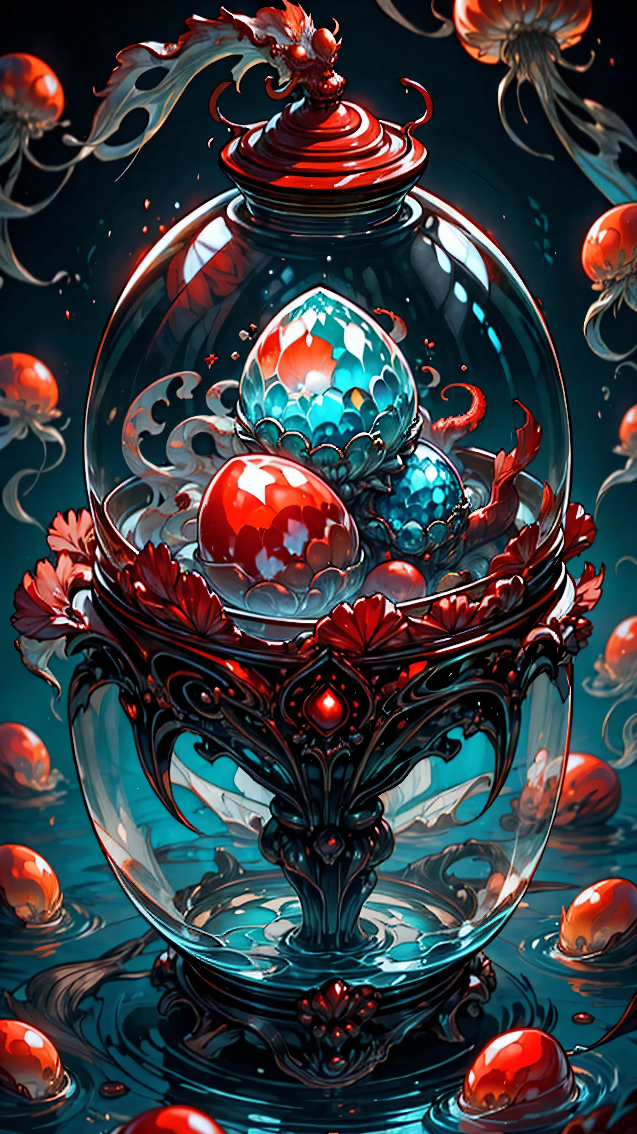 (Fire Dragon Eggs) ,(透明Fire Dragon Eggs) ,(There is a fiery red jellyfish inside the transparent red egg) ,(Mizuki structure) ,(Have tentacles) ,(HD) ,(Ultra-clear)