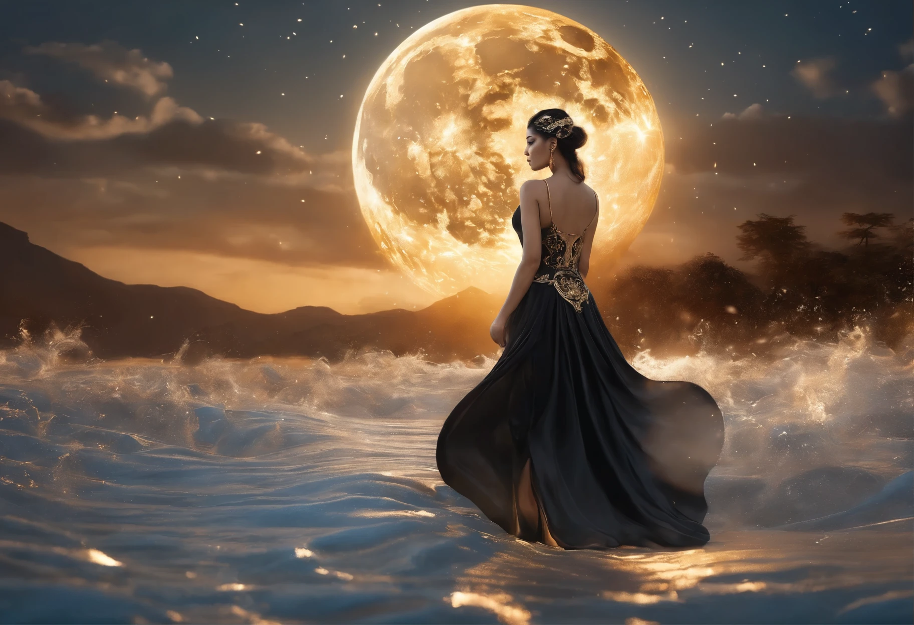 Full body back of an Asian goddess in a black dress with gold decorations. A dress with no flesh on the back, holding a fan in one hand. hyperdetailed eyes, Poster design, line art, a fantastically large moon background, ultra detailed artistic, detailed gorgeous face, natural skin, water splash, colour splash art, fire and ice, splatter, black ink, liquid melting, dreamy, glowing, glamour, glimmer, shadows, oil on canvas, brush strokes, smooth, ultra high definition, 8k, unreal engine 5, ultra sharp focus, intricate artwork masterpiece, ominous, golden ratio, highly detailed, vibrant, production cinematic character render, ultra high quality model All created from the back