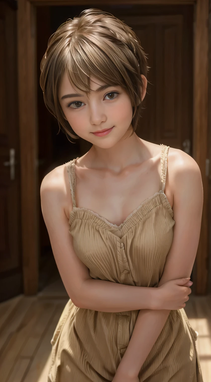 102 (a 18 yo woman,is standing), (A hyper-realistic), (high-level image quality), ((beautiful hairstyle 46)), ((short-hair:1.46)), (Gentle smile), (Keep your mouth shut), , ((trickart)), anatomically accurate body, cute, 