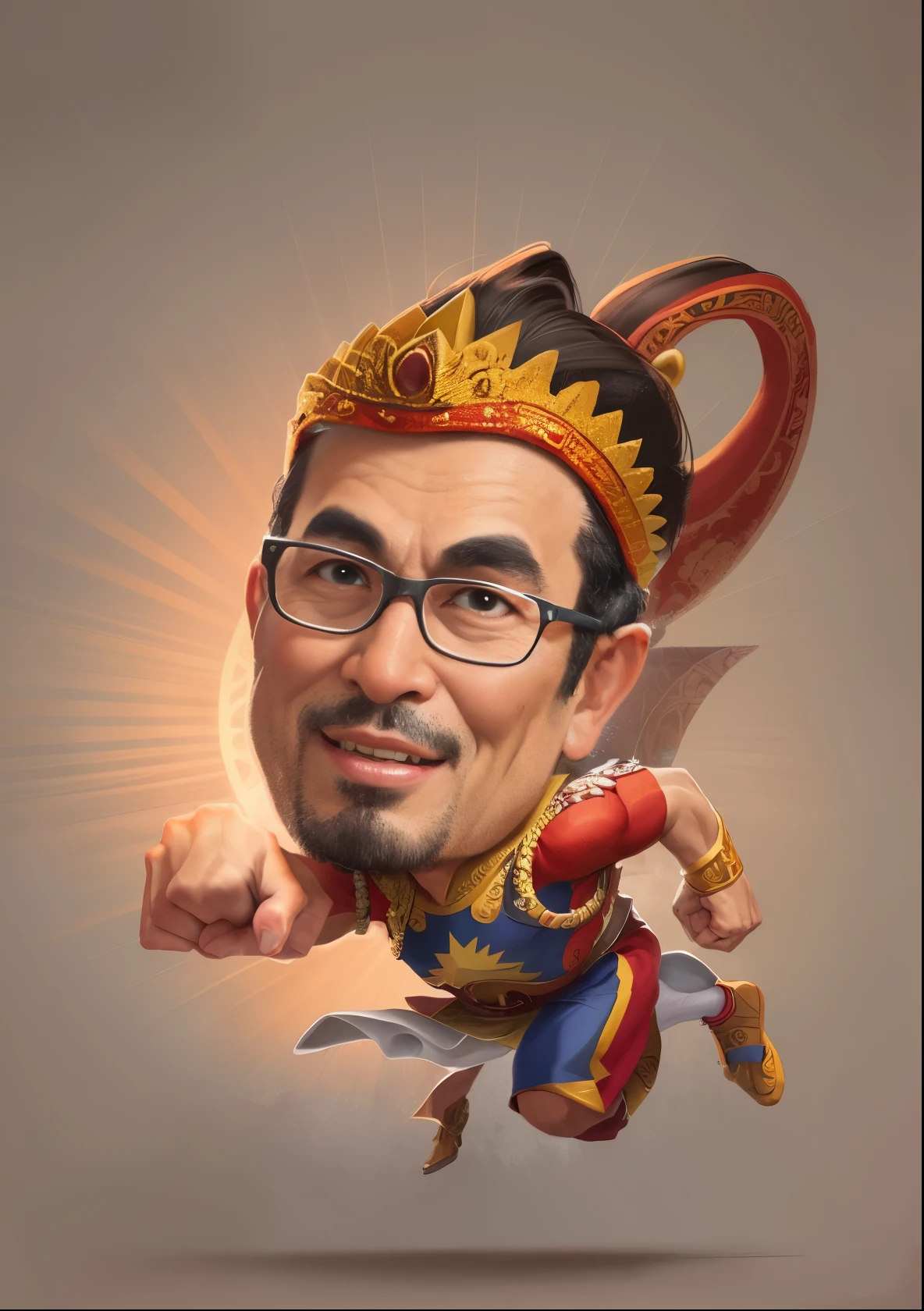 portrait of a man, wearing gatotkaca costume, hands gripping as if running, a character from Javanese wayang, releasing his powers, superhero, caricature illustration, in cartoon style, caricature style, portrait, realistic cartoon, cartoon art, an Indonesian portrait, caricature, digital art cartoon, portrait, cartoon art style