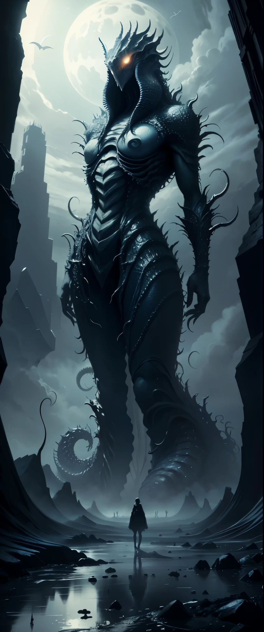 ((masterpiece, highest quality, Highest image quality, High resolution, photorealistic, Raw photo, 8K)), people taking pictures of a giant creature with their cell phones, lovecraftian background, lovecraftian atmosphere, giant cthulhu, huge creature, gigantic cthulhu, giant ethereal creature, eldritch being, lovecraftian monster, giant tentacles, an ominous fantasy illustration, looming creature with a long, nyarlathotep, lovecraftian landscape,