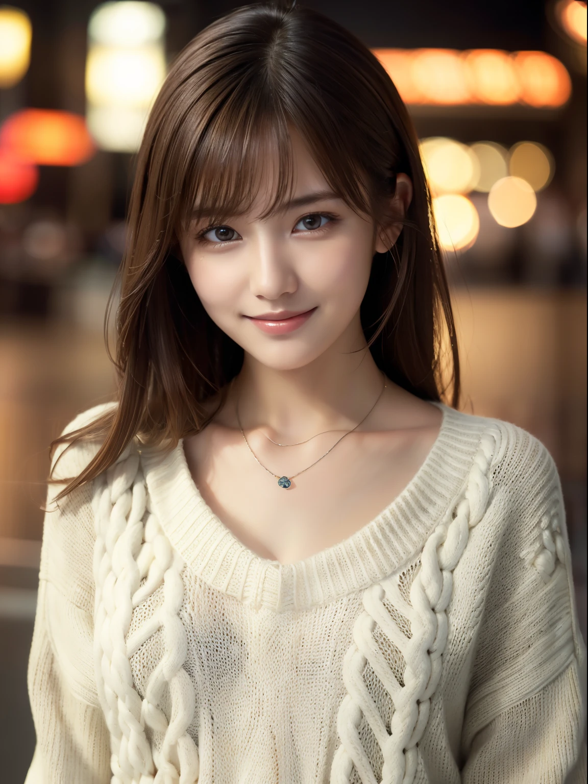 1 girl,(ivory sweater:1.4),(necklace around neck:1.2), (RAW photo, highest quality), (realistic, Photoreal:1.4), table top, very delicate and beautiful, very detailed, 8k wallpaper, wonderful, finely, very detailed CG Unity, High resolution, soft light, Beautiful detailed 19 year old girl, very detailed目と顔, beautifully detailed nose, finelyて美しい目,cinematic lighting,night city lights,perfect anatomy,slender body,smile  (asymmetrical bangs, light brown hair,)