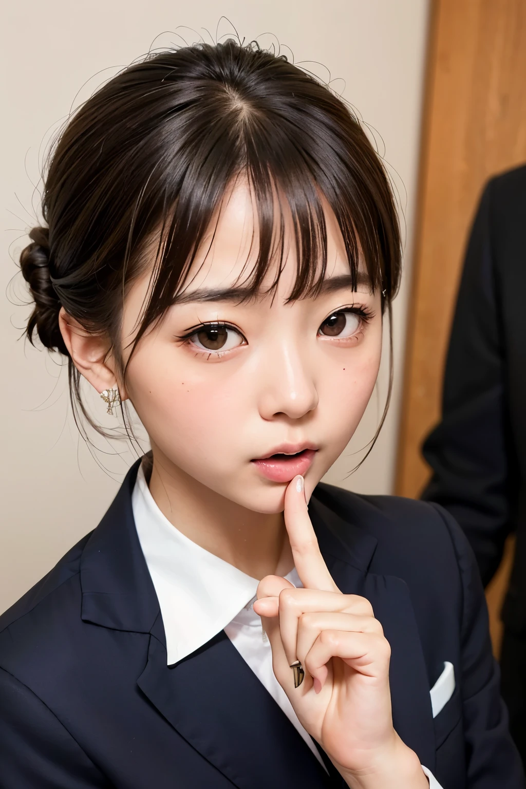 nsfw, (masterpiece:1.3)、Super detailed finish、(High resolution、8k:1.3)、(highest quality、Super realistic like a photo:1.5)、sharp focus, ultra high definition face、Face is in focus、Ultra high definition and beautiful eyes、focused eyes、close up on face、Eyes are symmetrical:1.3、High-definition and beautiful skin、firm skin、Ultra high definition hair texture、Japanese high school girl、、(half updo:1.1), (business suit:1.3)、office、(embarrassed:1.3), (blush:1.3), (Strange look:1.3), Mr.々shooting angle:1.3, looking at viewer:1.3、I'm sucking my finger:1.2