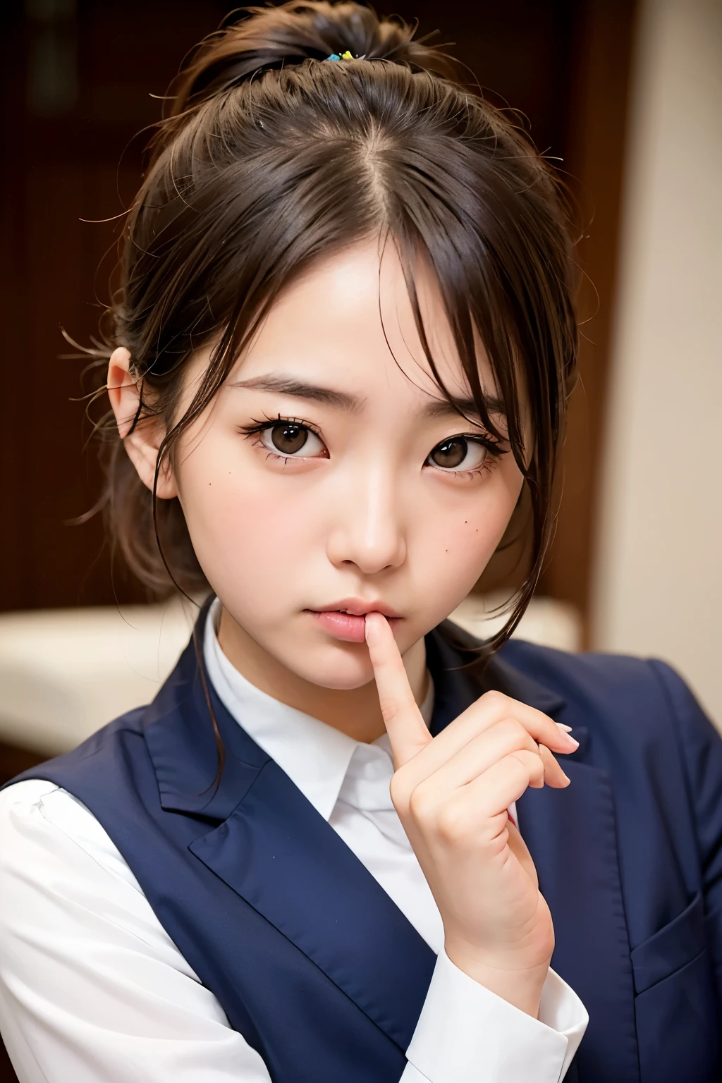 nsfw, (masterpiece:1.3)、Super detailed finish、(High resolution、8k:1.3)、(highest quality、Super realistic like a photo:1.5)、sharp focus, ultra high definition face、Face is in focus、Ultra high definition and beautiful eyes、focused eyes、close up on face、Eyes are symmetrical:1.3、High-definition and beautiful skin、firm skin、Ultra high definition hair texture、Japanese high school girl、17 years old、(half updo:1.1),  (business suit:1.3)、office、(embarrassed:1.3), (blush:1.3), (Strange look:1.3), Mr.々shooting angle:1.3, looking at viewer:1.3、I'm sucking my finger:1.2