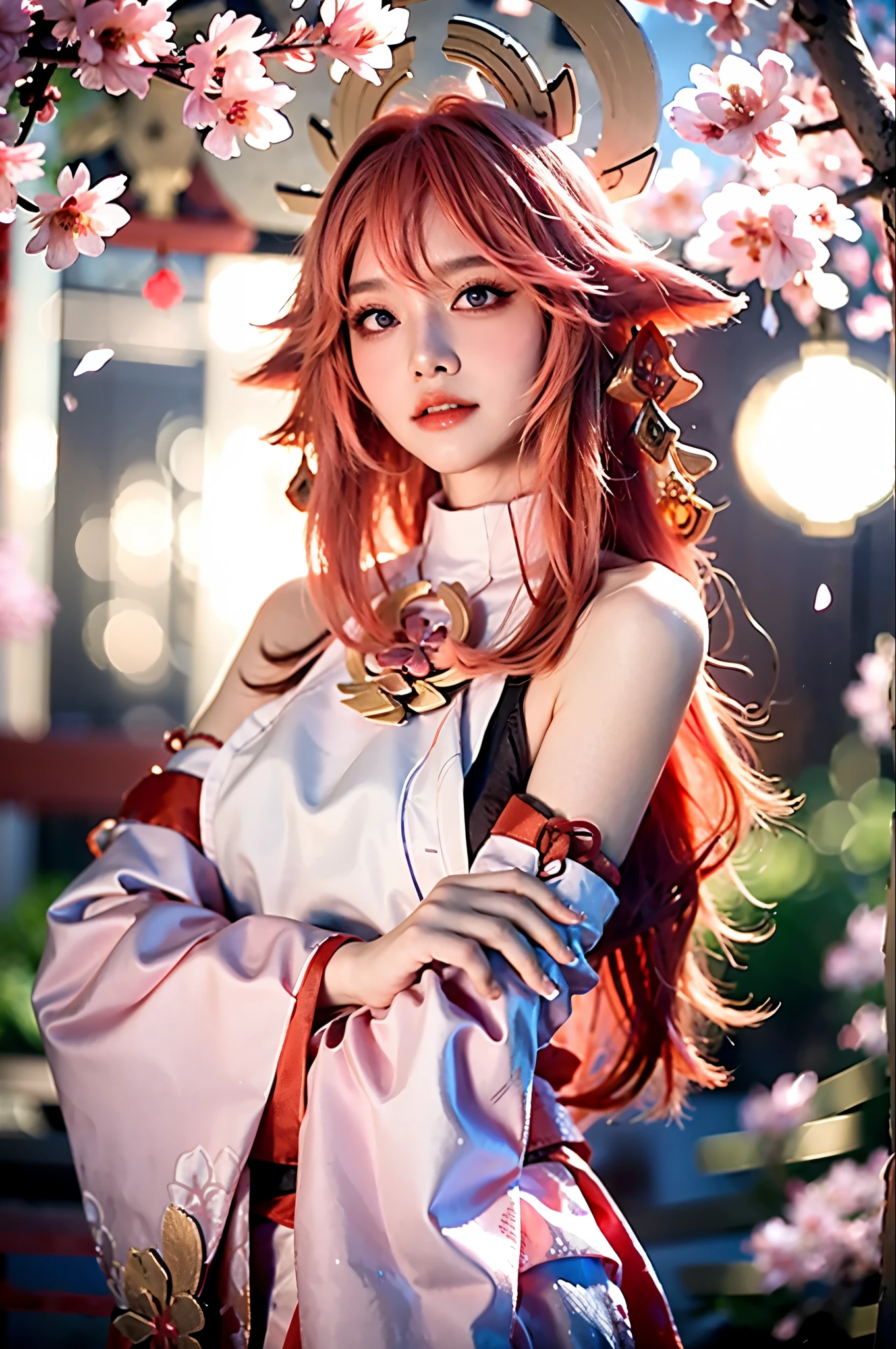 1 girl, super high resolution, (realistic, photorealistic: 1.48), omertosa, 1girl, (Kpop idol), (aegyo sal: 1), cute, bokeh, night, professional lighting, detail lighting, photon mapping, radiosity, physically based rendering, backlighting, depth of field, hard focus, film grain, one meter shooting distance, professional shot, shot with Sony a9 II mirrorless camera, detailed eyes, detailed Eyes, realistic eyes, detailed shadows, look on viewer, dog ears, detailed lighting, (detailed hair, realistic hair, realistic lighting, realistic shadows, realistic clothing), realistic skin, cherry blossoms, white miko kimono, full body, Japanese shrine, asian woman, long pink hair, animal ears, purple eyes, sleeveless top, wide separate sleeves, golden details, ((red japanese temple, sakura blossoms))