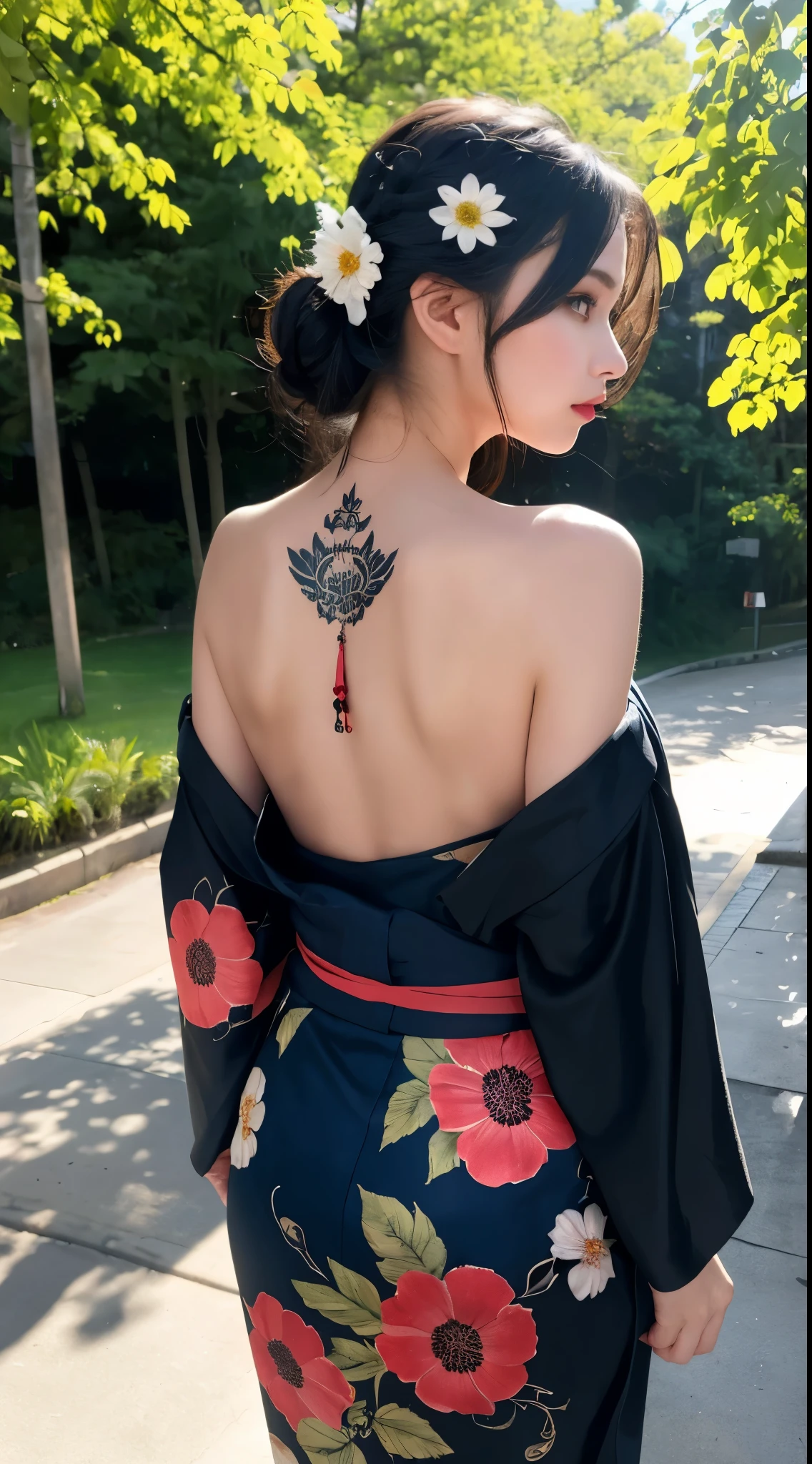 masterpiece, highest quality, highest quality, official art, beautiful and aesthetic:1.2),1 girl, tattoo, alone, kimono, red and black kimono, hair ornaments, unsheathing, black hair, sheath, back tattoo, dragon tattoo, blue eyes, off shoulder, bare shoulders, think back, from behind, flower, looking at the viewer, holding, Makeup, outdoors,