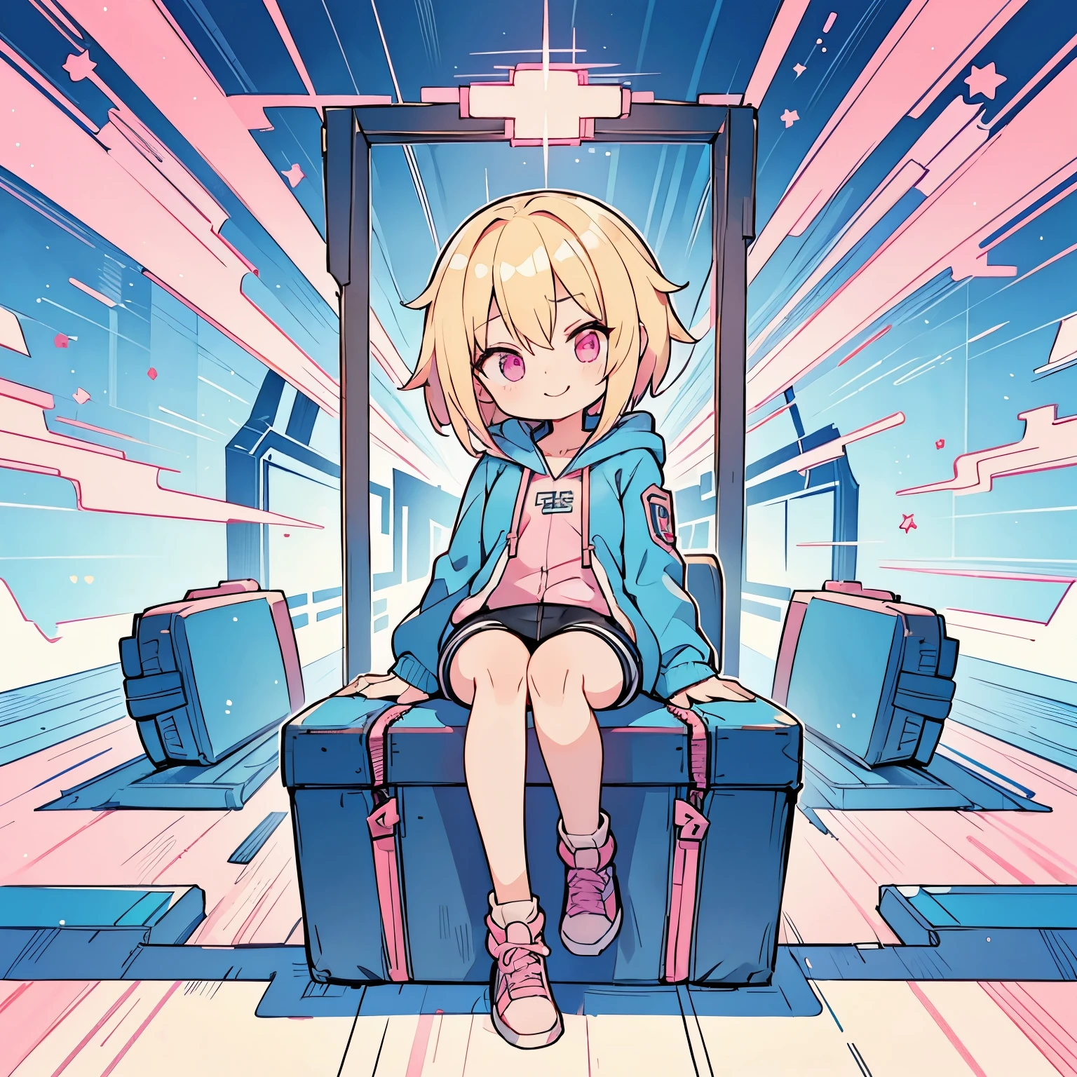 (short cut blonde girl),(((I'm working))),(((blue zip hoodie))),(((Pink Inner))),(black hot pants),pink eyes,open your mouth, dull smile, Full body Esbian,(a bit),((((alone))),(best image quality, In 8K, masterpiece, Super detailed),