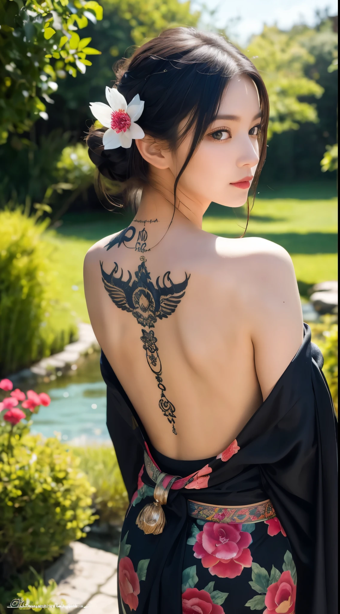 A beautiful Japanese naked woman with a dragon tattoo on her hip displaying a blissful and ecstatic showing her back ,in the moon light, best quality, super realistic ,insanely detailed, delicate, eraborate masterpiece