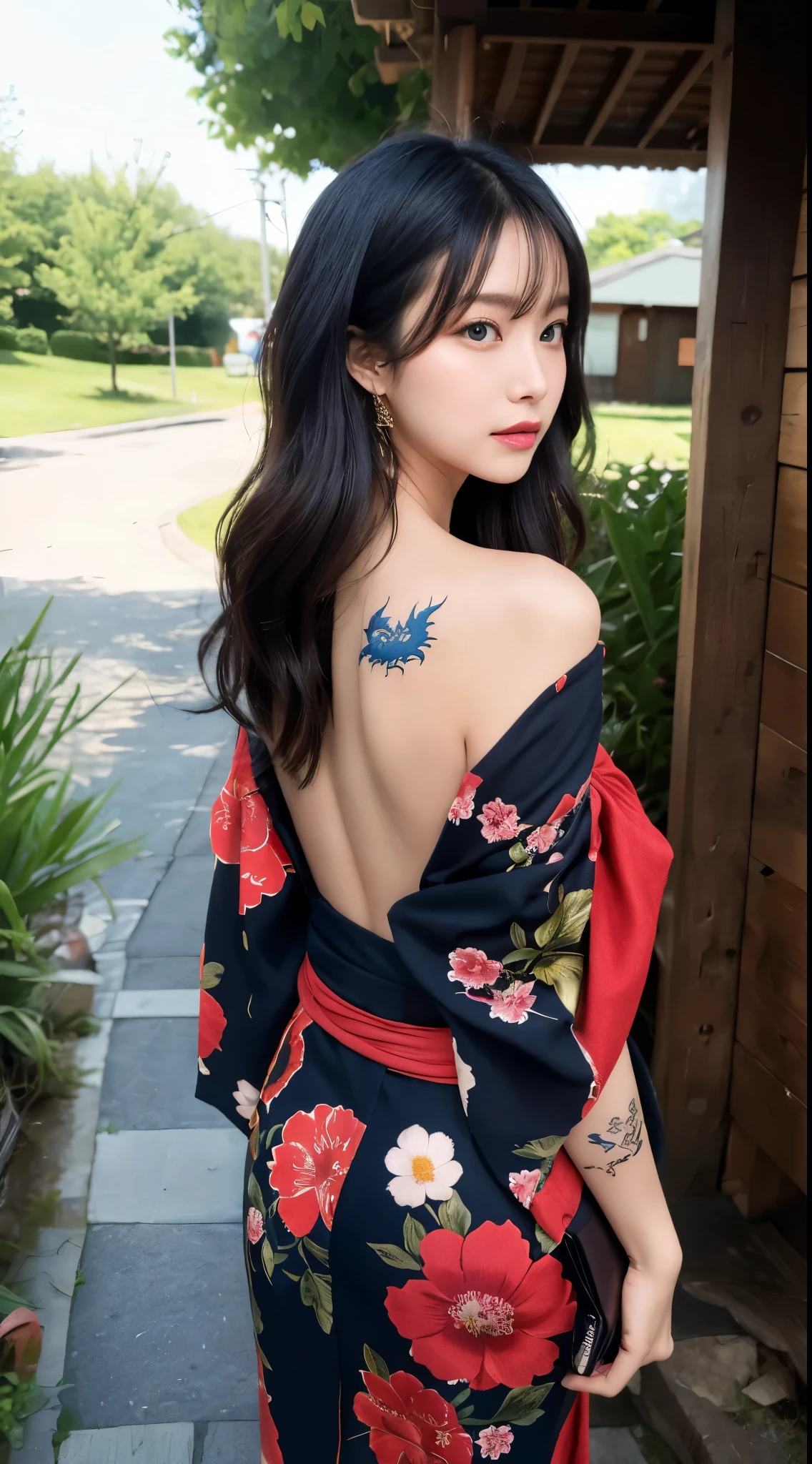 masterpiece, highest quality, highest quality, official art, beautiful and aesthetic:1.2),1 girl, tattoo, alone, kimono, red and black kimono, hair ornaments, unsheathing, black hair, sheath, back tattoo, dragon tattoo, blue eyes, off shoulder, bare shoulders, think back, from behind, flower, looking at the viewer, holding, Makeup, outdoors,