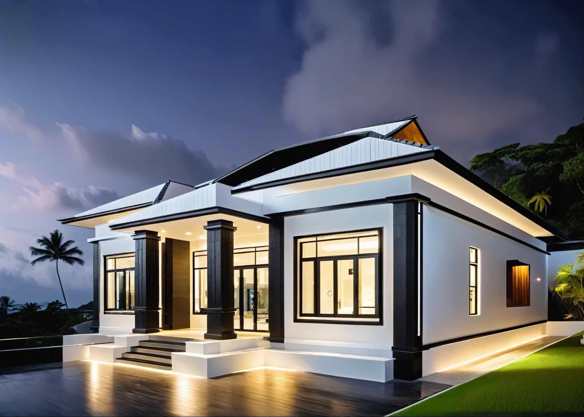 raw photo, outdoor (residential architecture exterior:1.3) 1 house architecture, (elegant), singapore tropical modern house style, white wall and rock and black steel and wood, (luxury home with exquisite finishing 1:3)(wood), eacutful tropical garden, wảm yellow light in the interior, dark night sky