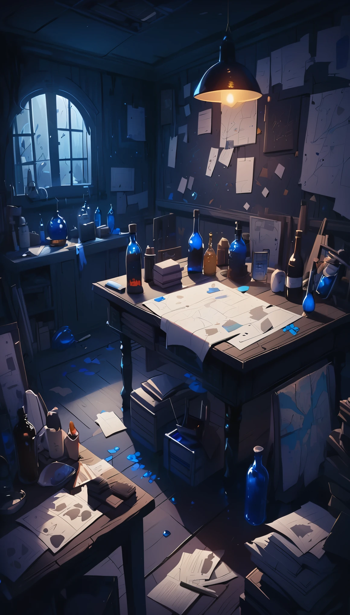 messy table,Hand drawn style,The blackboard is covered with clues and maps,Just a bottle of blue potion,,The picture is dark,In a darker place,It’s the atmosphere of a puzzle game