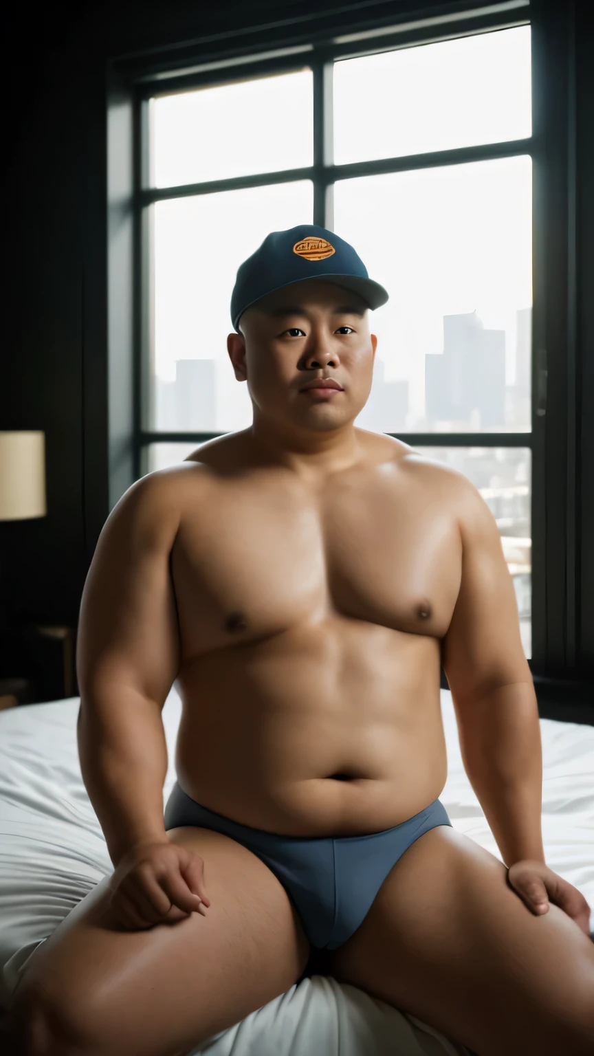 strong chinese man，Wearing a navy cap，side，fat man，obesity，masterpiece, (((Asian bald fat man wearing clothes sitting on bed, sun rays, cinematic, cinematography，husband and wife，Show off your figure))) soft light, color,、,、,、,、,, RAW is very detailed, dramatic lighting, digital art trending on Artstation 8k HD high definition Detailed pubic hair realistic, Detailed pubic hair, Texture, Super detailed, real Texture, armature, best quality, resoulution ultra-high resolution, (realistically:1.4), high resolution, Detailed pubic hair, RAW photos, Sharp Re, Nikon d850 film stock photo 4 kodak portra 400 camera f1.6 lens rich color,、,、,、,、, hyper realistic lifelike texture dramatic lighting unrealengine trending on artstation cinestill 800, (((Accurate male anatomy, perfect eyes))) (((500 pixels, fstoppers, lifelike.For example, Yuan Pagoda,  wait for noise))) (((work clothes)))