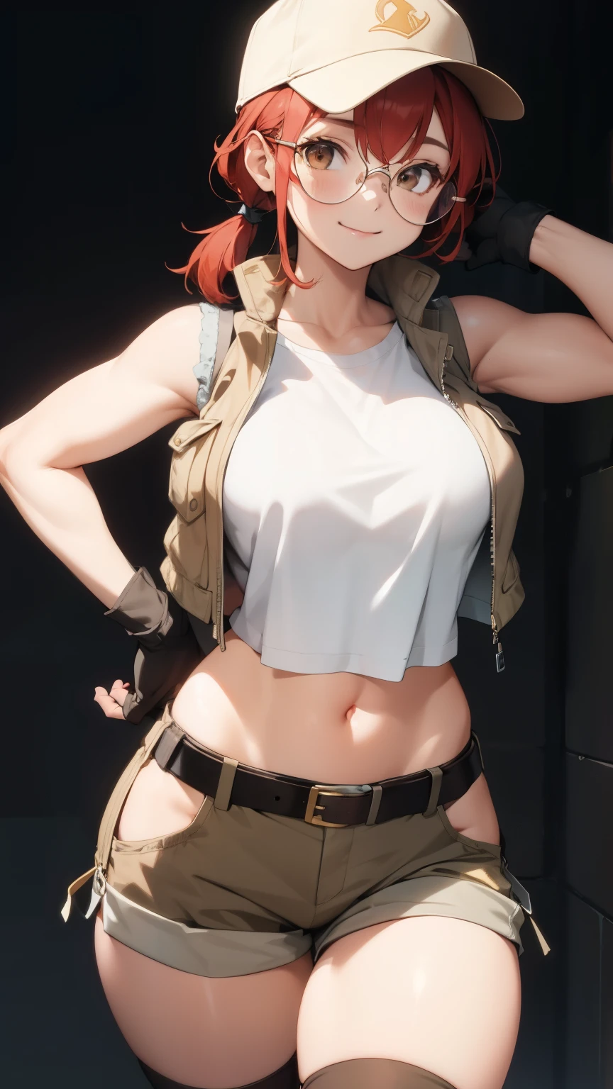 (art, best quality: 1.2), illustration, 8K, high definition, 1, alone, torso, (portrait: 1.2), large breasts, circular glasses, has, upper cut, belly, gloves, navel, baseball cap, protectors knee high, short shorts, ponytailed hair, boots, brown eyes, brown shorts, belt, smile, package, brown belt, red hair, hip opening, vests, long hair, vest,