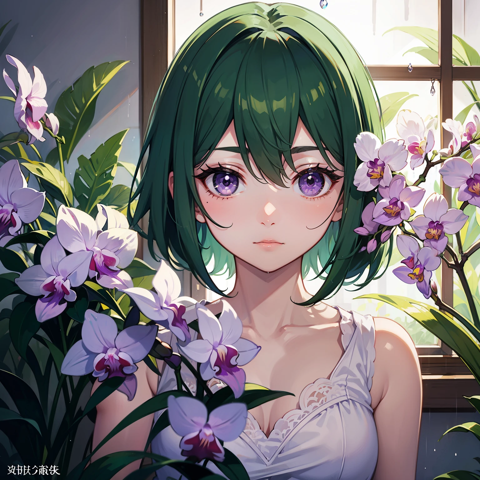 Green shorthair、purple eyes、lonely face、indoors on a rainy day、looking out the window、Close-up、front、I can only see you、The night outside moves into the window、Night fragrant orchid、green hair