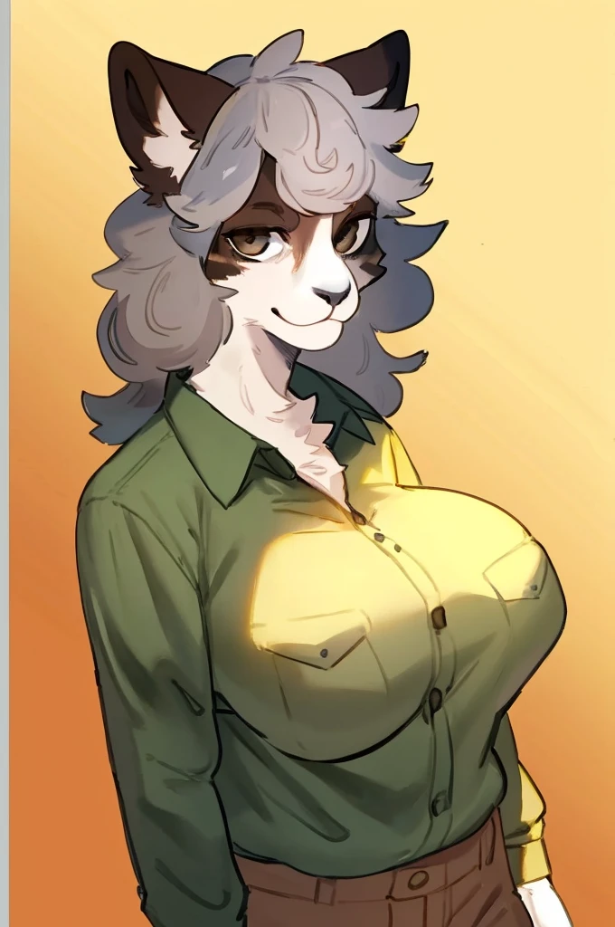By bebebebebe, by lostgoose, by goonie-san, solo, standing, female, feline, cat, white fur with grey splotches, wavy hair, grey hair, ((snout, hair)), ((detailed eyes)), (dark brown eyes), big breasts, looking at viewer, green button up shirt, khaki pants