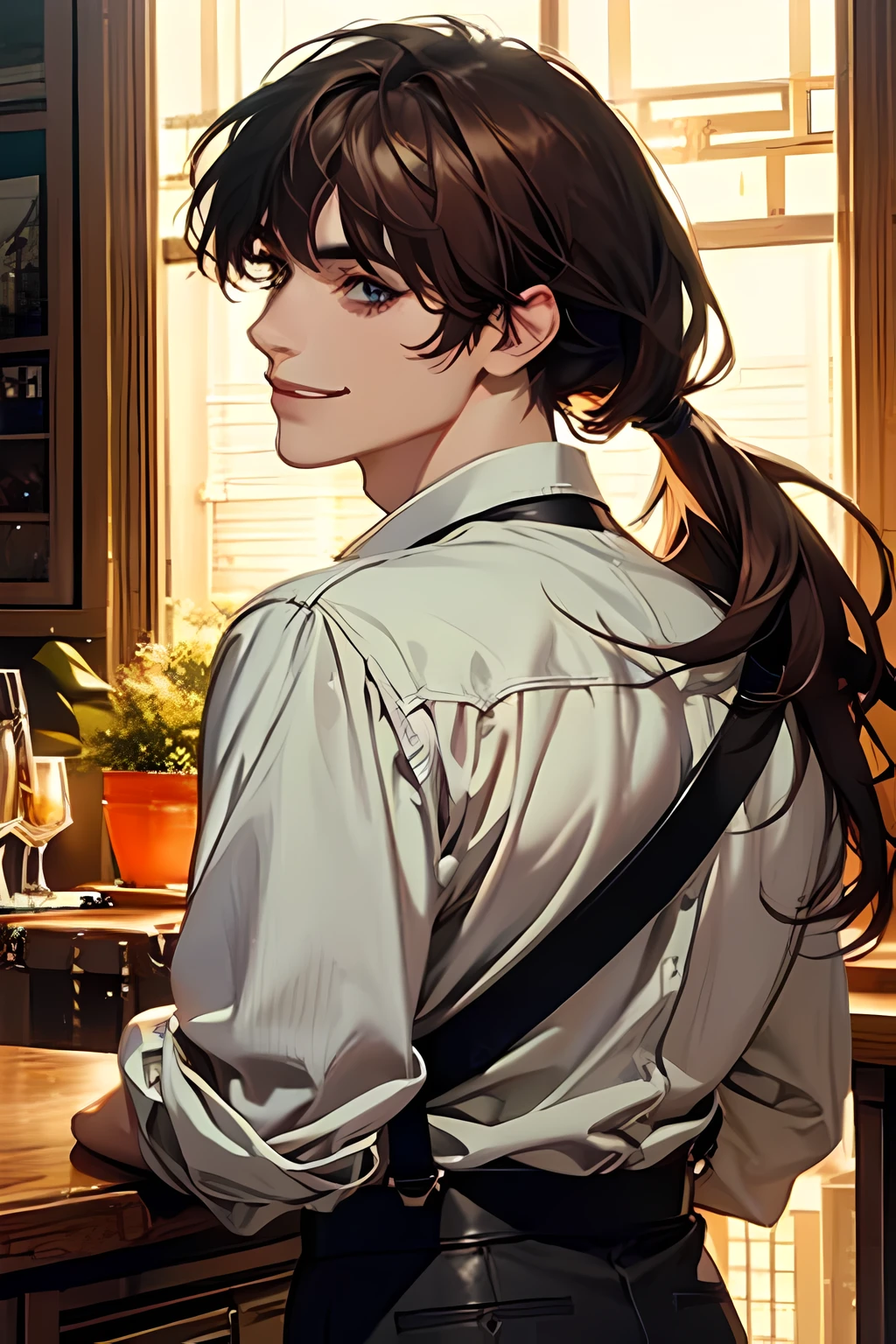 (Masterpiece, A high resolution, ultra detailed), 1 person, , Beautiful, High, finely detailed eyes and a detailed face, black leather trousers, белая shirt, night, smile, Dutch corner, ((long hair, Brown hair)), , pale skin, Eyeliner, (masculine), sexual, grin, seductive,, Very attractive, flirty, mature, ((adult mature face)), medium large shoot, (Masterpiece, Best quality, ultra detailed), 1 guy, длинные темные Brown hair, Blue eyes, hair tied up in a high ponytail, (((bangs pulled back into a ponytail))), soft kind look, легкая smile, shirt, pants, Suspender