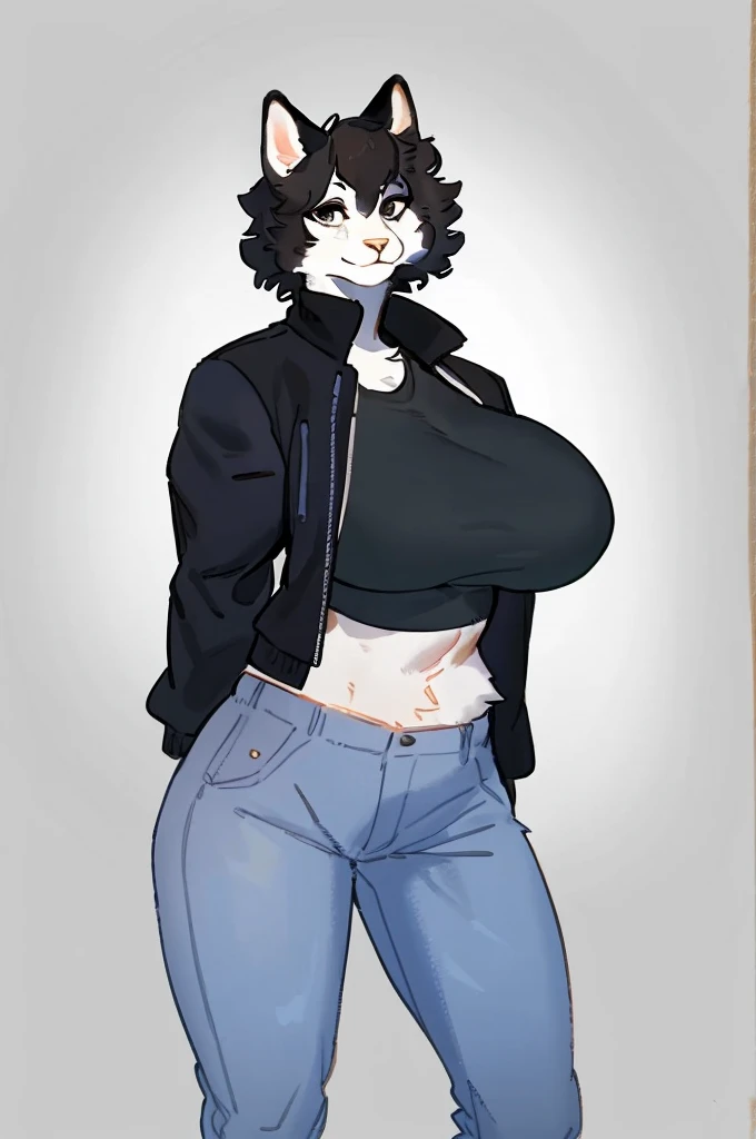 By bebebebebe, by lostgoose, by goonie-san, solo, standing, female, feline, tuxedo cat, black and white fur, ((snout, hair)), wavy hair, short hair, ((detailed eyes)), big breasts, crop top, jacket, jeans, looking at viewer, muscular