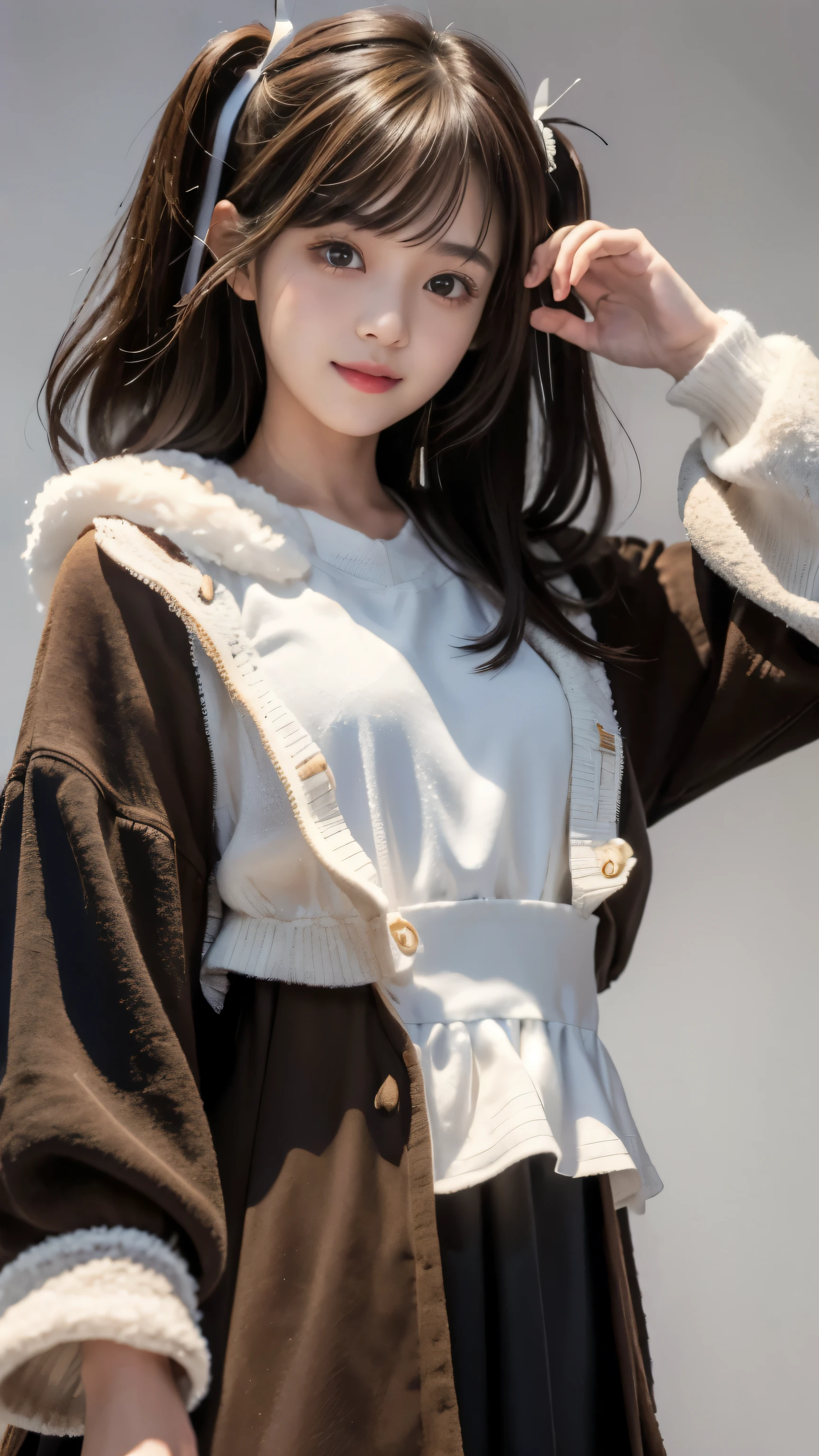 ((masterpiece)), ((highest quality)), A beautiful Japanese girl、、long black hair、bangs、(light brown eyes:1.5)、droopy eyes、innocent face、fluffy hair、(((two side up)))、(One-piece dress with loose waist)、white long sleeve dress with ruffles、tiered skirt、See-through、(knit)、down coat、smile gently、looking at camera、winter、(no background:1.5)