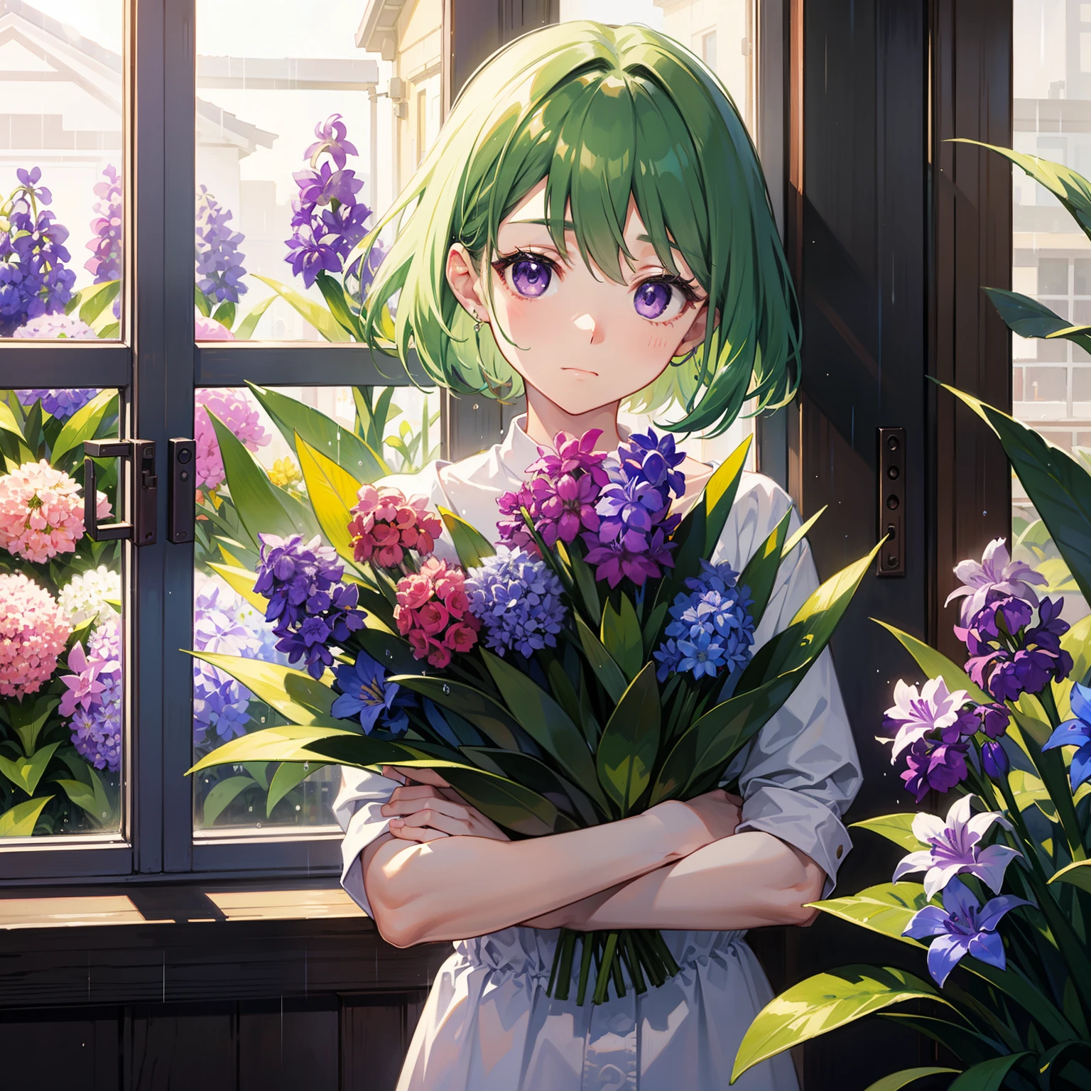 Green shorthair、purple eyes、lonely face、indoors on a rainy day、looking out the window、Close-up、front、I can only see you、The night outside moves into the window、hyacinth、green hair