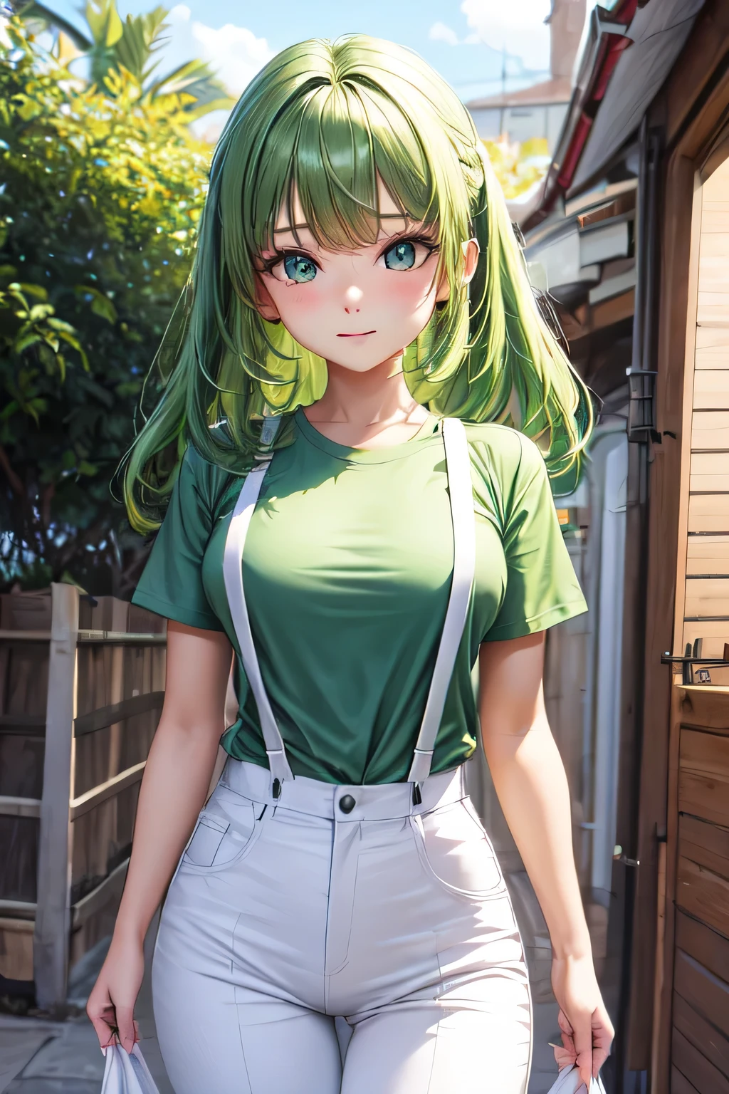 Uma garota de cabelos verdes longos, olhos azuis, light skin, a green shirt, a white suspender attached to the pants.