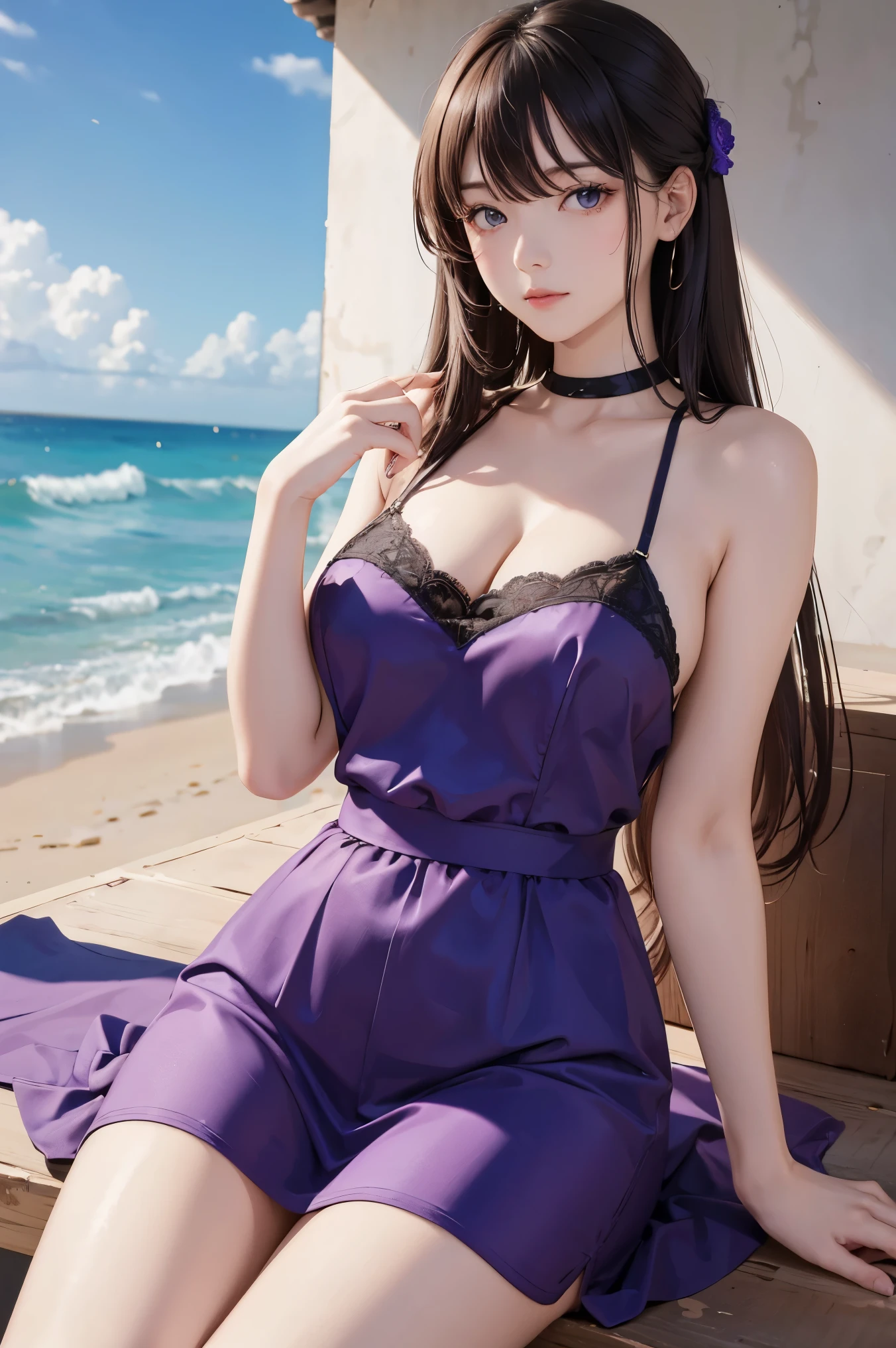 masterpiece, high resolution, best quality, Very detailed, pink eyes, beautiful woman, purple dress，beach，long hair