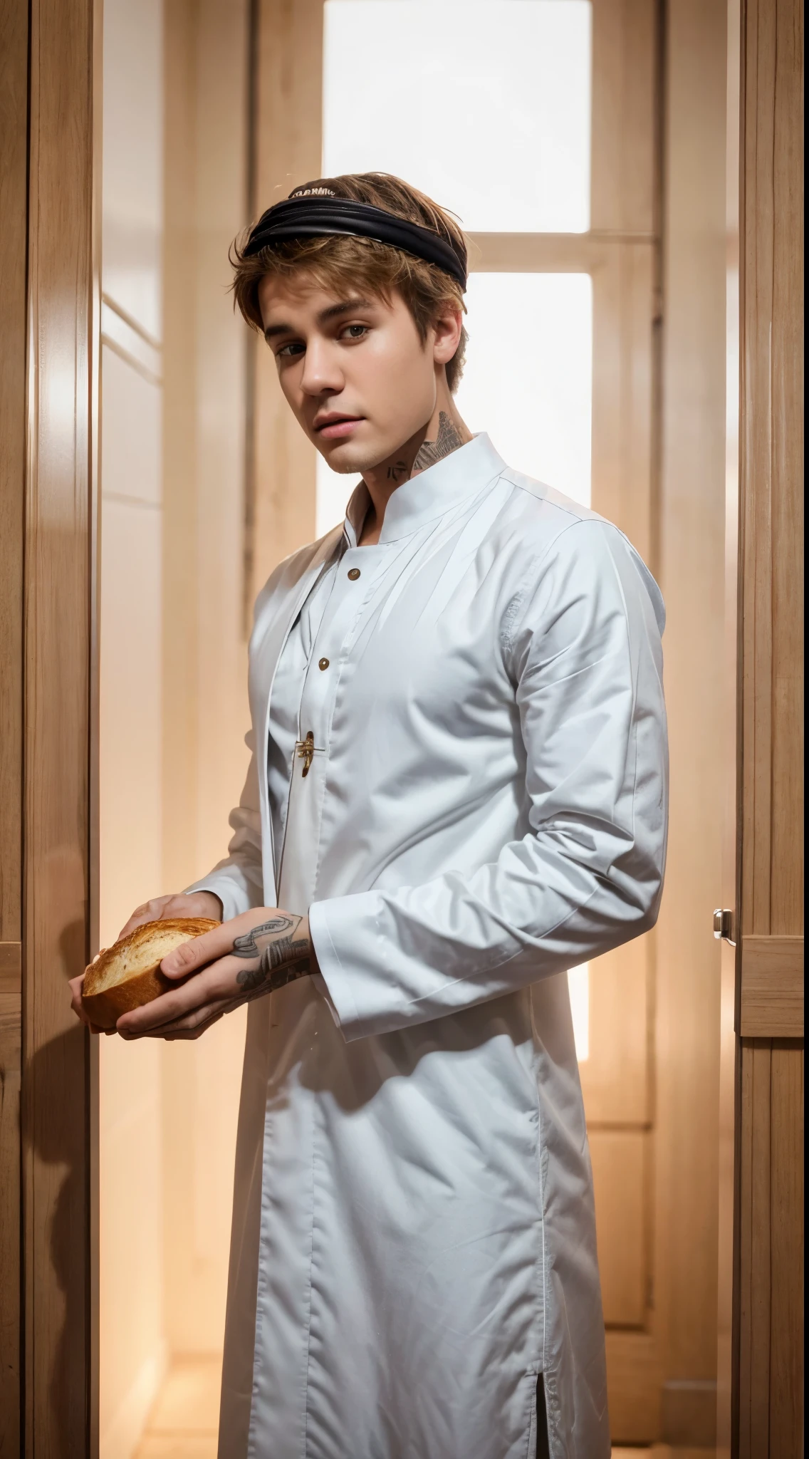 (best quality,highres),Justin Bieber wearing thawb white,bread 1:1,ultra-detailed,arm tattoos,vivid colors,dim lighting.