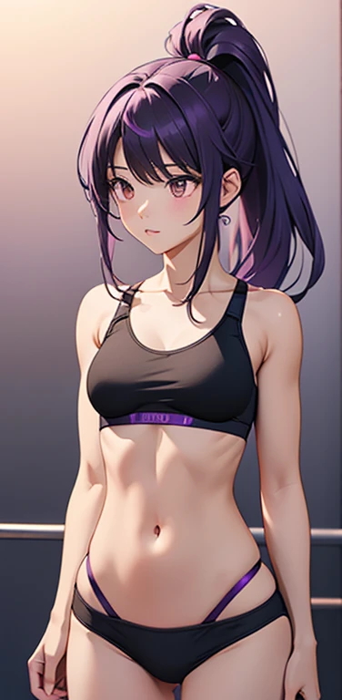 (8K、highest quality、masterpiece:1.2)、anime coloring、super resolution、Realistic、(1girl)  、(purple gradient hair,ponytail)、long straight hair,(red eyes)、(forehead:1.2),(face focus,upper body),(black sports bra,string panties :1.3)、(clear face:1.3),(cute face)、,(small breasts).gradient background、(muscular:1.5)