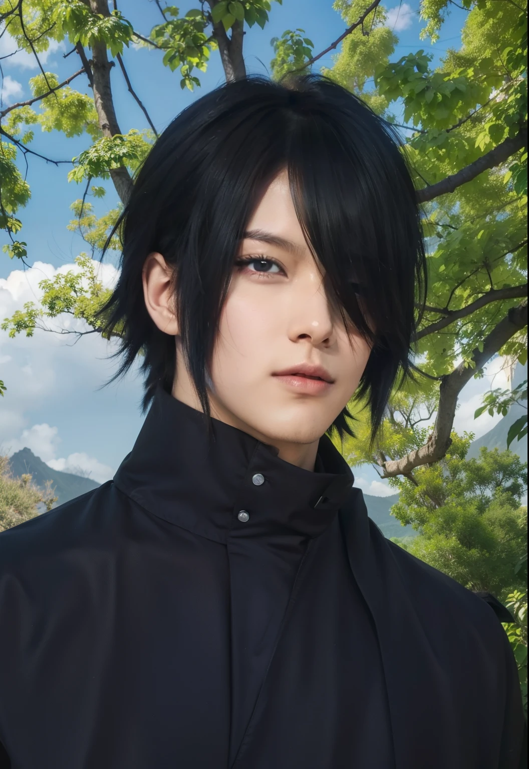 real Life adaption of this character,his name is Sasuke uchiha from anime naruto ,hyper realistic,detail realistic hairstyle ,(1 eye covered by hair), high resolution, photorealistic,very detailed,realistic outfit Black robe ,((korean teen handsome)) ,detailed realistic shining eyes,(photorealistic:1.4),(realism:1.6),(realistic skin),,realistic light,realistic shadow,sharpen, (collar),(cool expression),(realistic:1.2),look at viewer