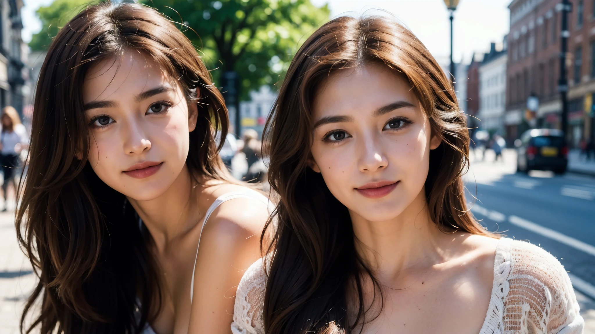 masterpiece, Best Quality, Photorealistic, Ultra-detailed, finely detailed, High resolution, 8K Wallpaper, 1 beautiful woman, light brown hair, sharp focus, Perfect dynamic composition, Beautiful detailed eyes, detailed hairs, Detailed realistic skin texture, Smiling, portrait, Model body type, Take a walk on the street of London,