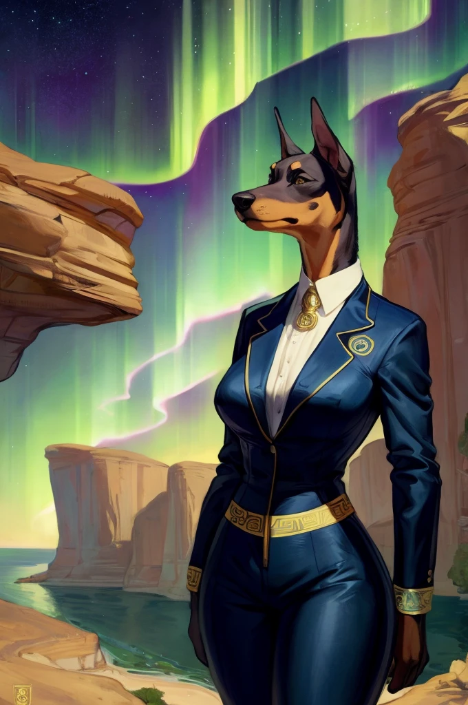 By bebebebebe, by lostgoose, by goonie-san, solo, standing, female, canine, dobermann, light fur, ((hair, snout, detailed eyes)), gold and blue professional outfit, skintight clothes, ((versace)), tail, hands behind back, cliffside, valley, canyon, aurora borealis