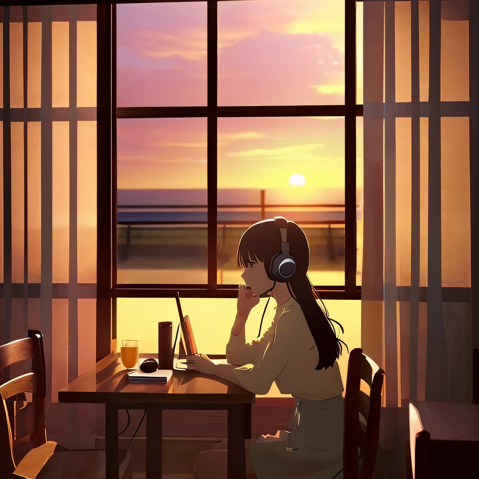 anime、Listening to music through headphones、girl、Sunset through the window、Kage、dim、room with table、girlはテーブルに肘をついて座っている。