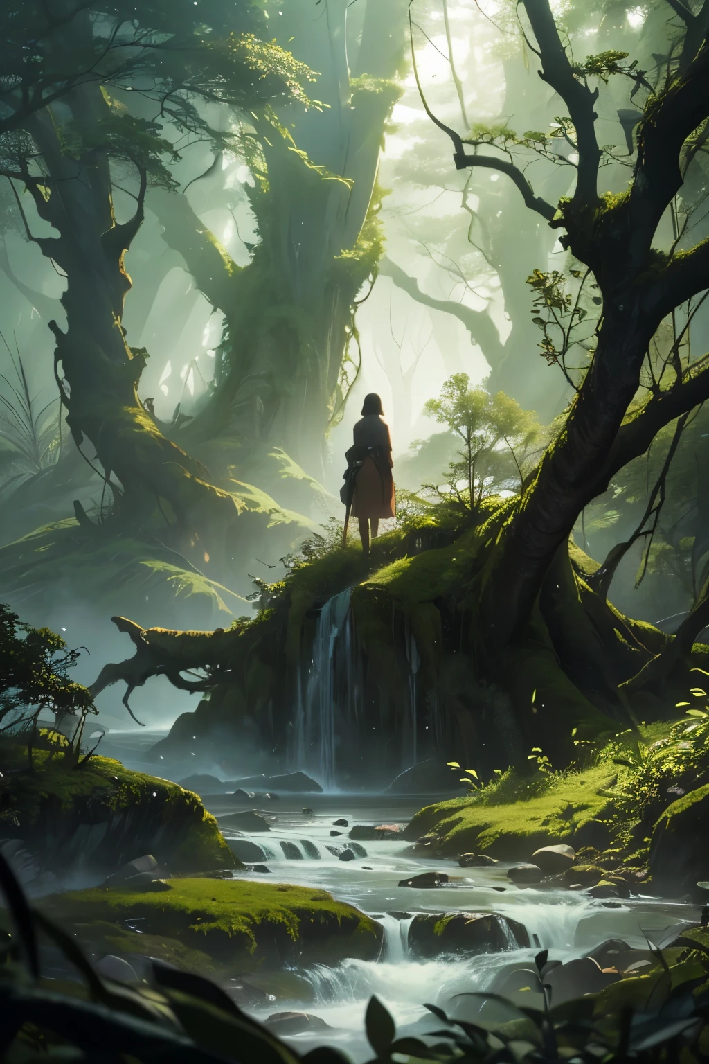 A surreal illustration of a dark anime nature scene, featuring twisted, gnarled trees and strange, otherworldly flora, inspired by the works of Yoshitaka Amano. The color temperature is warm, with rich, vibrant hues saturating the scene, creating a dreamlike ambiance. Facial expressions, if depicted, are serene yet enigmatic, adding to the ethereal quality of the image. Lighting is soft and diffused, casting a gentle glow over the surreal landscape, while the atmosphere is serene yet unsettling
