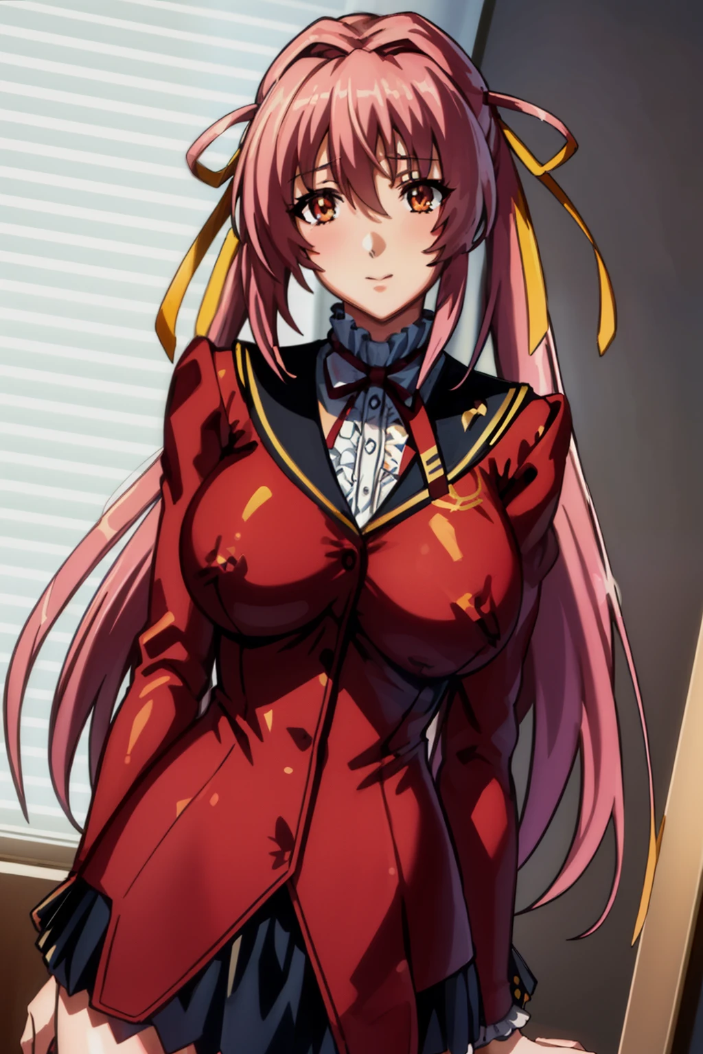 (night:1.7), Japan, Tokyo, City view, in front of the window,
standing at attention,(upper_body:1.3),
ribbon tie,red uniform,red dress,length_sleeve,black pantyhose,
blonde hair,very length hair, Drillヘア,twin_Drill,green_eye,
1 girl,manga,20 years,mature woman,beautiful Finger,beautiful length legs,beautiful body,beautiful Nose,beautiful character design, perfect eye, perfect face,
looking at the viewer,
official art,Highly detailed CG Unity 8k wallpaper, perfect lighting,colorful, bright_front_face_lit,
(masterpiece:1.0),(Highest_quality:1.0), 超High resolution,4k,super detailed,
photograph, 8k, HDR, High resolution, disorganized:1.2, kodak portrait 400, film grain, blurred background, Bokeh:1.2, Lens flare, (lively_color:1.2)
(beautiful,big_chest:1.4), (beautiful_face:1.5),(narrow_waist),