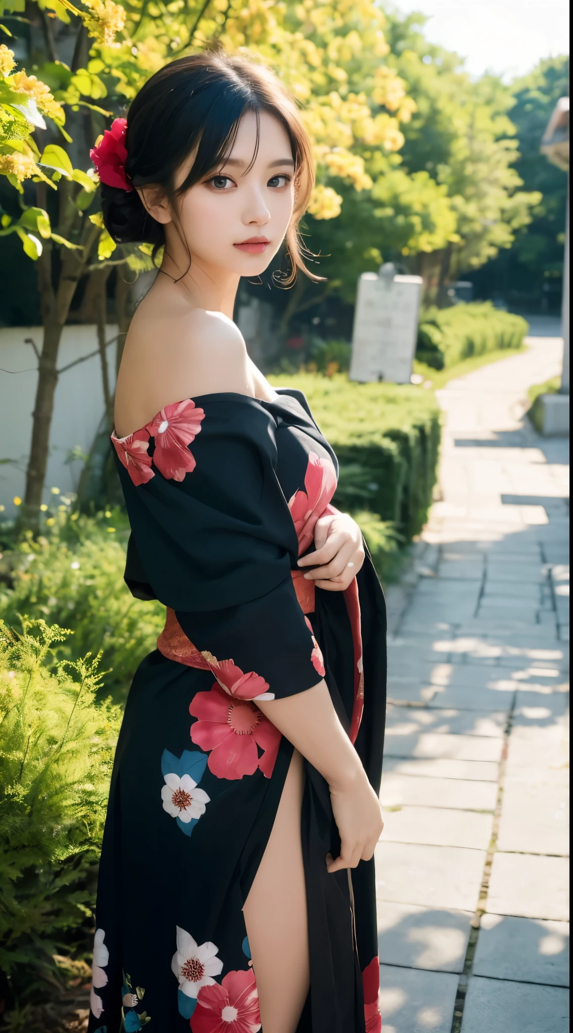 masterpiece, highest quality, highest quality, official art, beautiful and aesthetic:1.2),1 girl,  alone, kimono, red and black kimono, hair ornaments, unsheathing, black hair, sheath, blue eyes, off shoulder, bare shoulders,  flower, looking at the viewer, holding, Makeup, outdoors,