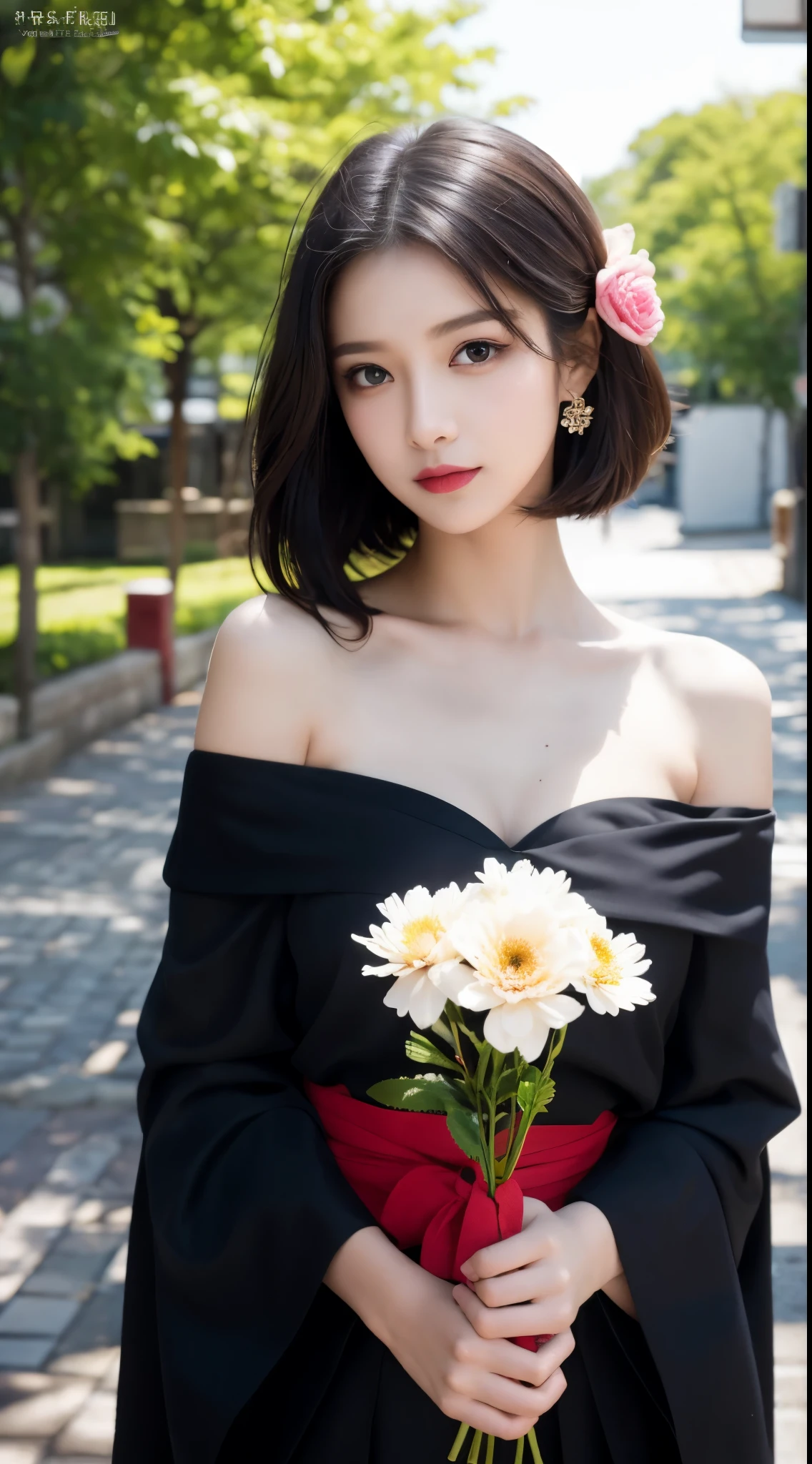 masterpiece, highest quality, highest quality, official art, beautiful and aesthetic:1.2),1 girl,  alone, kimono, red and black kimono, hair ornaments, unsheathing, black hair, sheath, blue eyes, off shoulder, bare shoulders,  flower, looking at the viewer, holding, Makeup, outdoors,