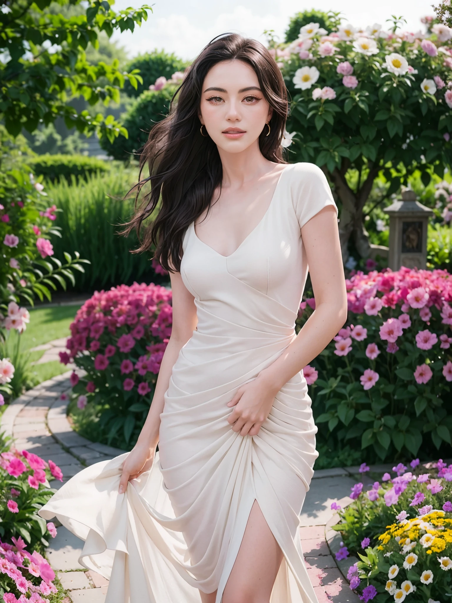 (masterpiece, best quality:1.2), 1girl, solo full body, detailed eyes, detailed lips, flowing wavy hair, elegant dress, standing in a blooming garden, surrounded by vibrant flowers, soft sunlight casting a warm glow on her skin, enchanting expression, graceful posture, vivid colors, realistic rendering, romantic atmosphere