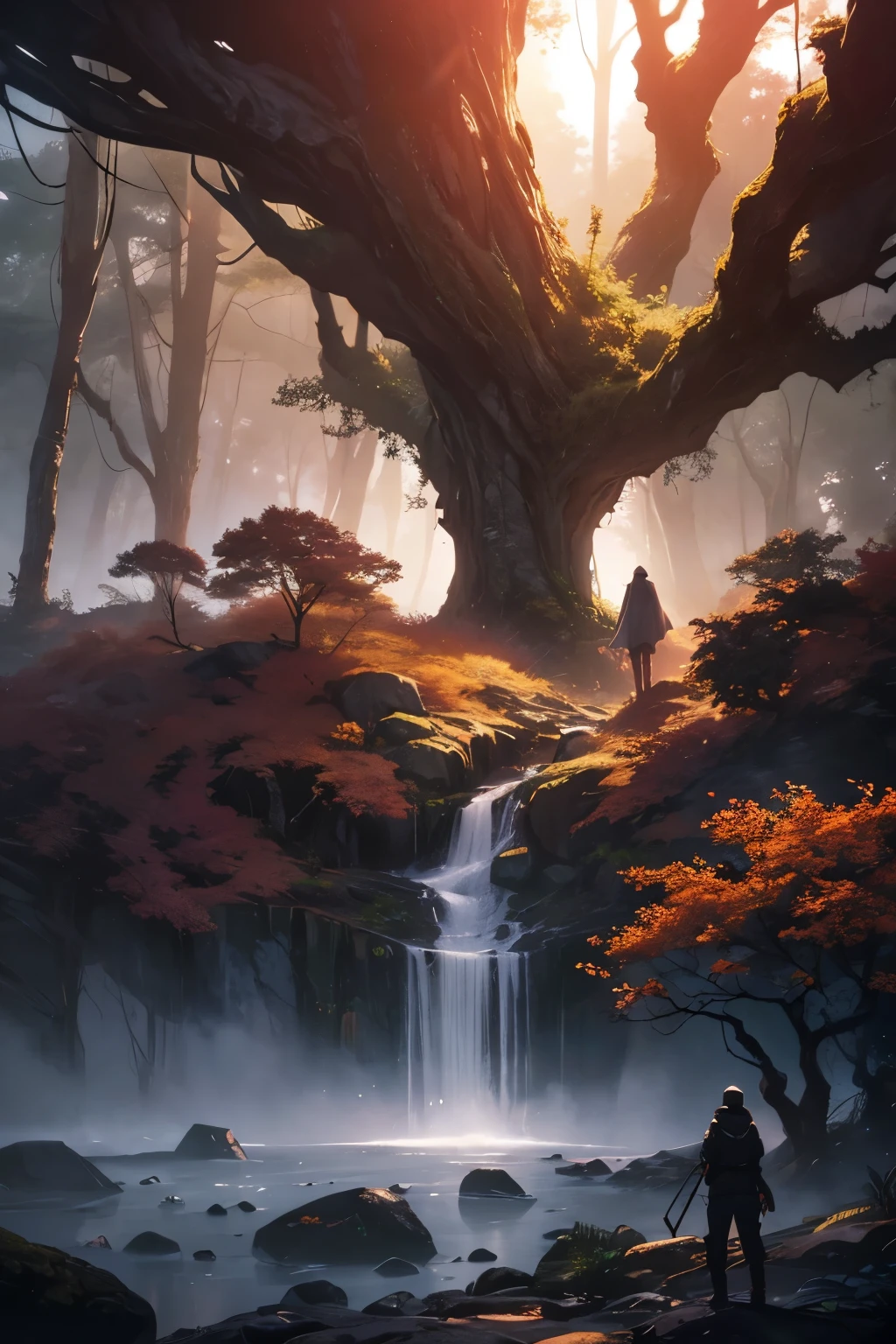 A surreal illustration of a dark anime nature scene, featuring twisted, gnarled trees and strange, otherworldly flora, inspired by the works of Yoshitaka Amano. The color temperature is warm, with rich, vibrant hues saturating the scene, creating a dreamlike ambiance. Facial expressions, if depicted, are serene yet enigmatic, adding to the ethereal quality of the image. Lighting is soft and diffused, casting a gentle glow over the surreal landscape, while the atmosphere is serene yet unsettling