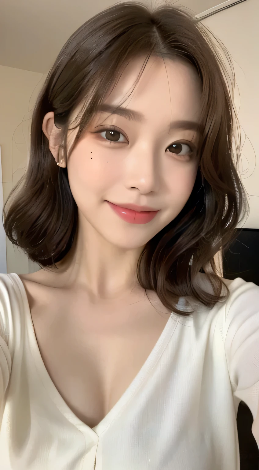 ((highest quality, 8k, masterpiece:1.3)), concentrate: 1.2, perfect body beauty: 1.4, buttocks: 1.2, wide shot((brown wavy semi-long hair、I have a mole under the corner of my right eye.,With bangs、plump nipples, chest: 1.2)), fashionable clothes: 1.1), (my room:1.3), , Highly detailed face and skin texture, fine eyes, double eyelid, perfect and beautiful face,Whitening skin, semi short hair,fine and beautiful eyes,whole body,17 years old, (shut up: 1.3), smile,smile,natural color lip,cute,selfie,clear,Yayoi_mix style face