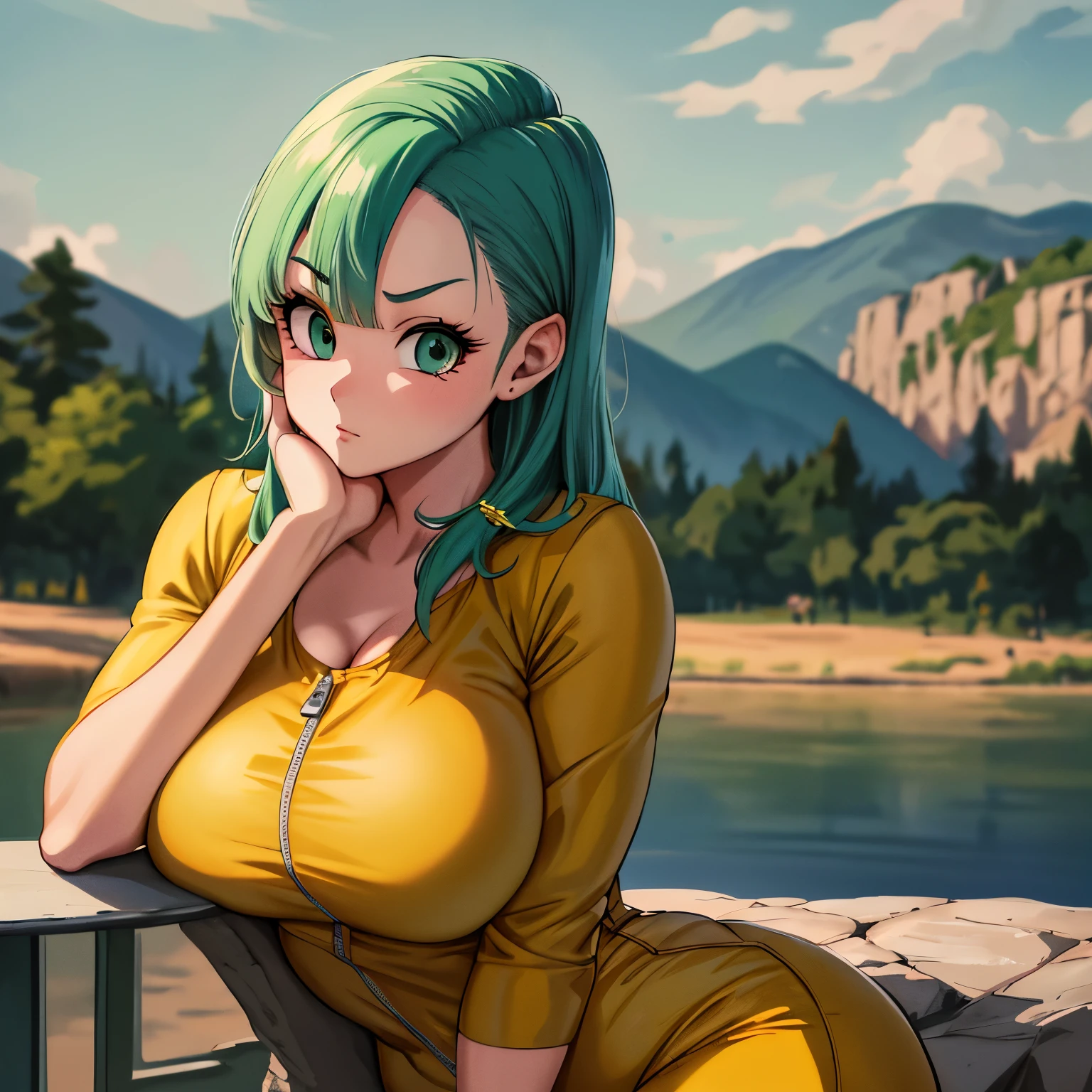 Bulma, solo, curvaceous figure, long golden hair, zippered jumpsuit, poised hand on chin, intricately detailed outfit, professional artwork, field of view focused on her, sharp focus on her features, ultra-detailed painting, photorealistic lighting, trending on Pixiv (masterpiece:1.0), best quality:1.0, ultra high res, high-definition, anime style: 1.5, Bulma pondering thoughtfully, large, expressive green eyes, detailed facial features, slender arms, elaborate hairdo with band and girly bangs, cleavage subtly visible, confident and determined expression. (Big green eyes